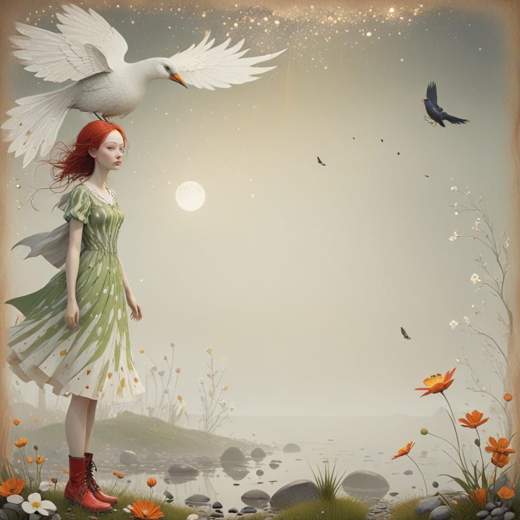 Whimsical Moonlit Beauty, Inspired by Folk Art Redux