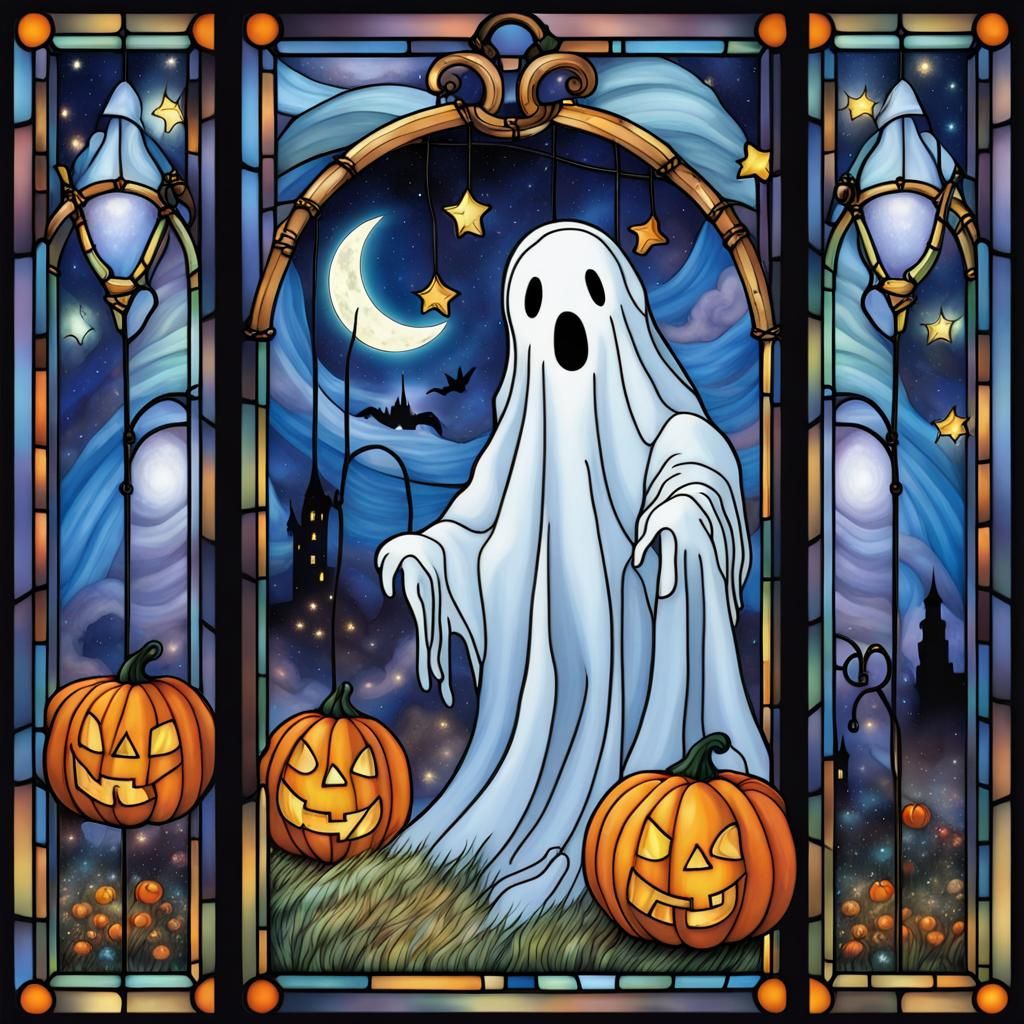 Stained Glass Ghost in Ethereal Night Garden