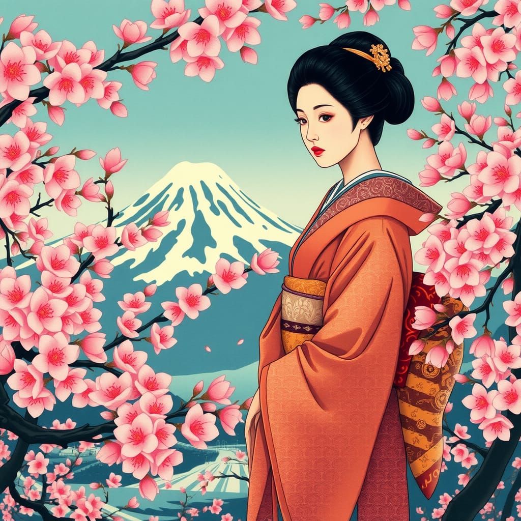 Mount Fuji Geisha in Ukiyo-e Woodblock Style