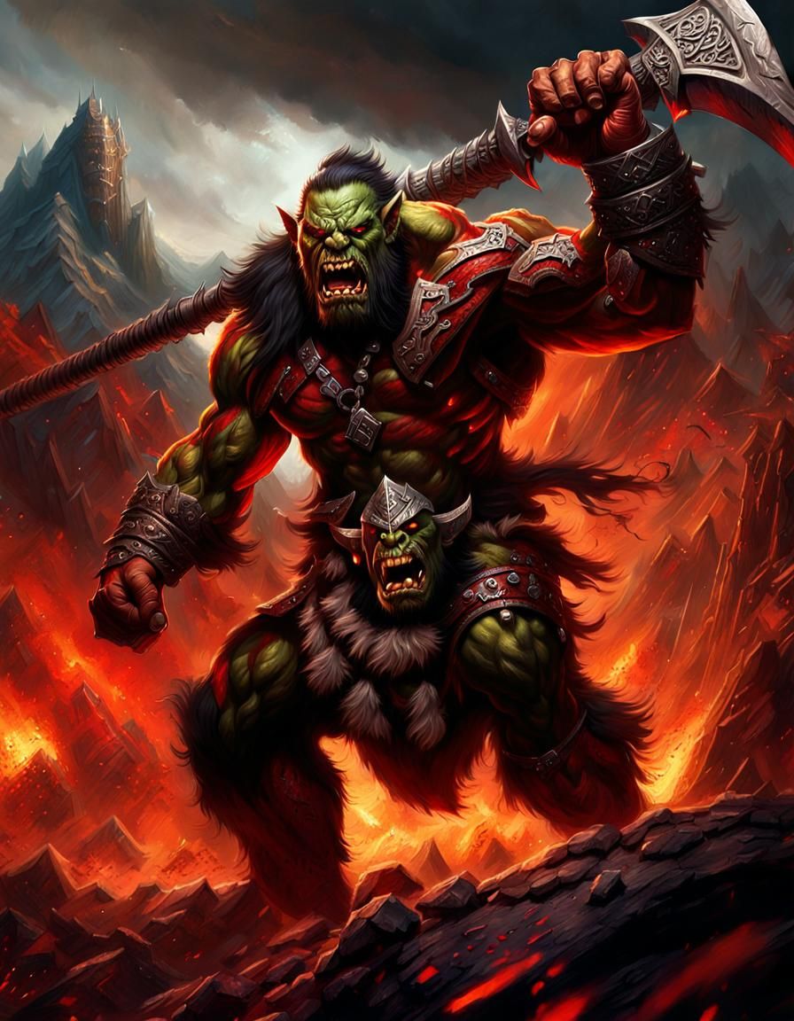 Enraged Orc Berserker with Warhammer in Fantasy Illustration