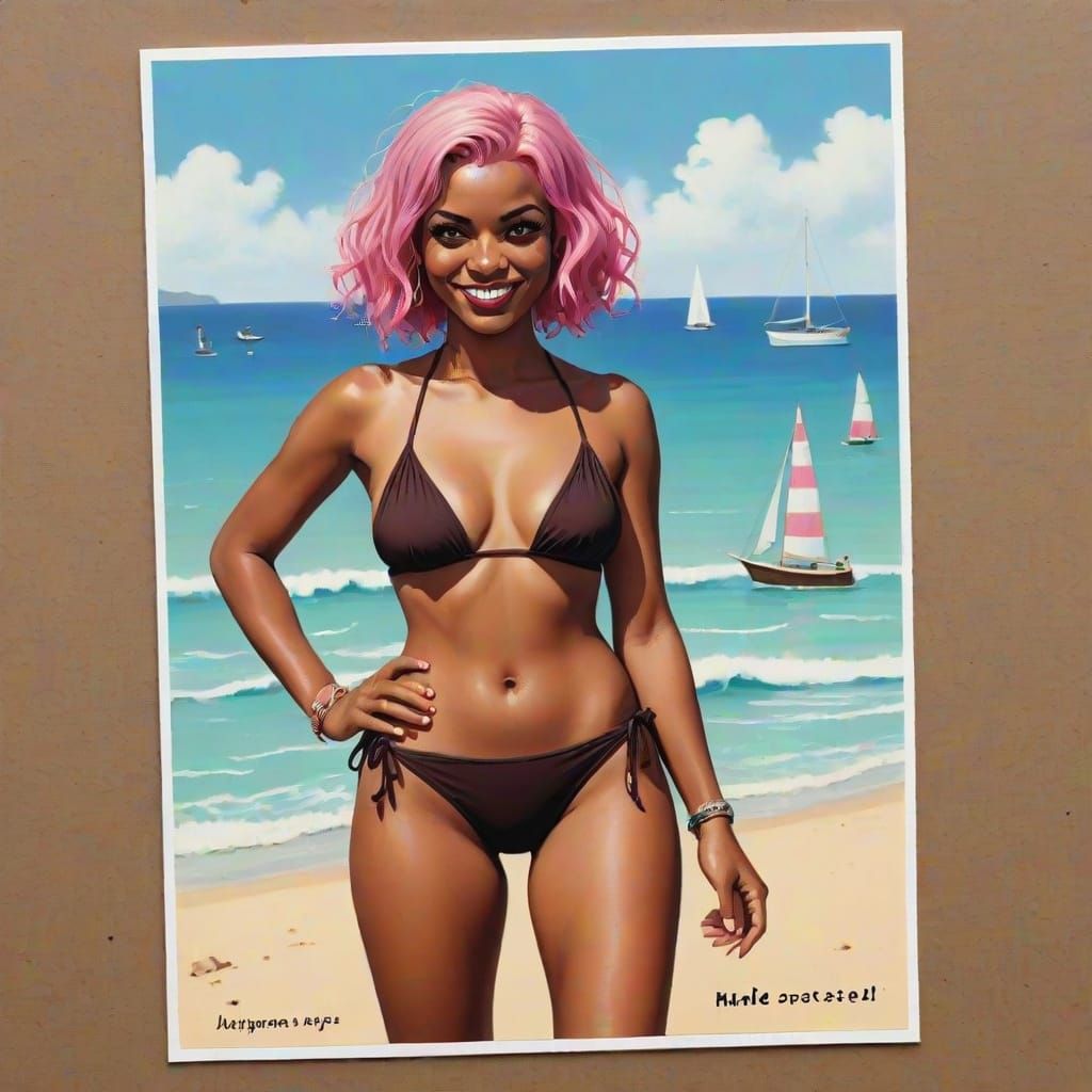 Humorous Seaside Postcard of Woman with Pink Hair