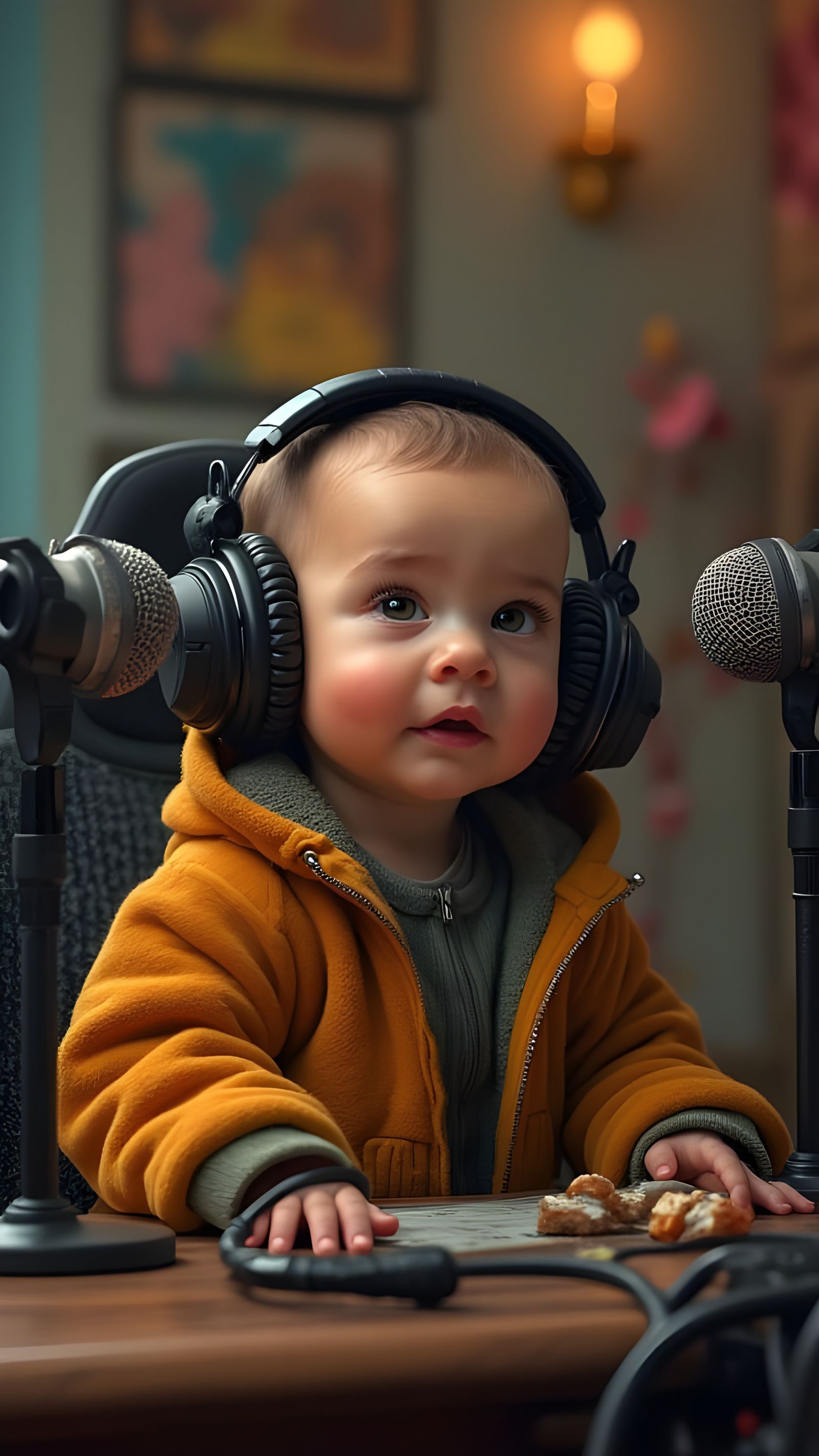Baby Podcast Host in Studio, Detailed Portrait