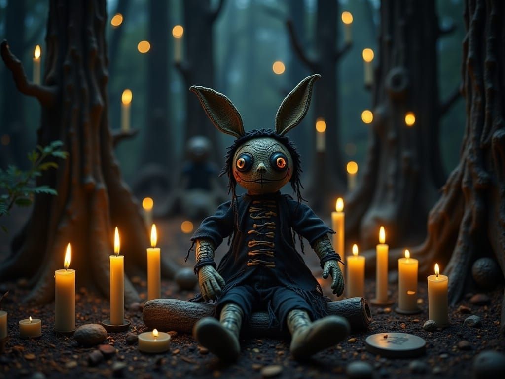 Photorealistic Voodoo Rabbit Shaman in Eerie Forest
