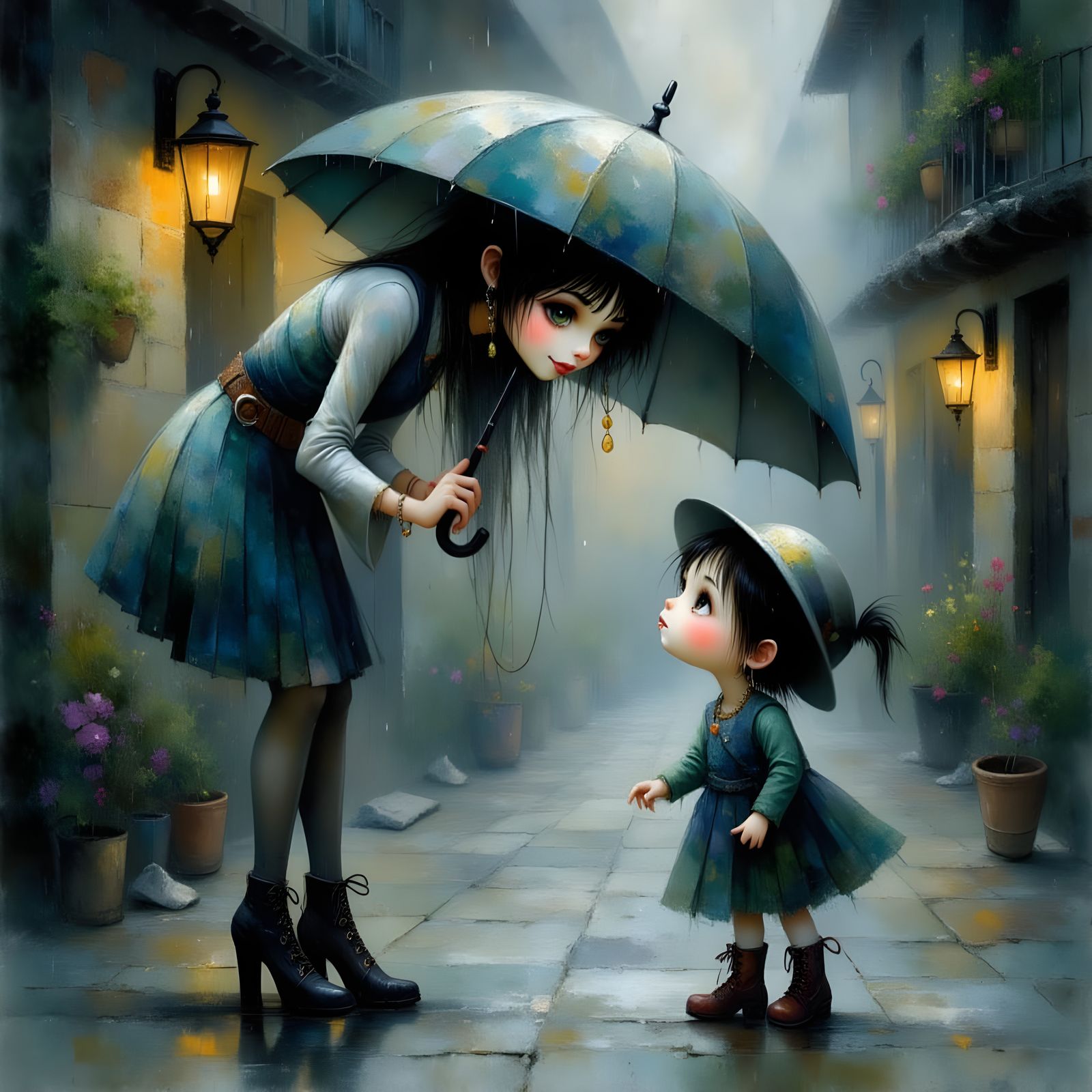 Girl Shelters Kitten in Rainy Village Watercolor