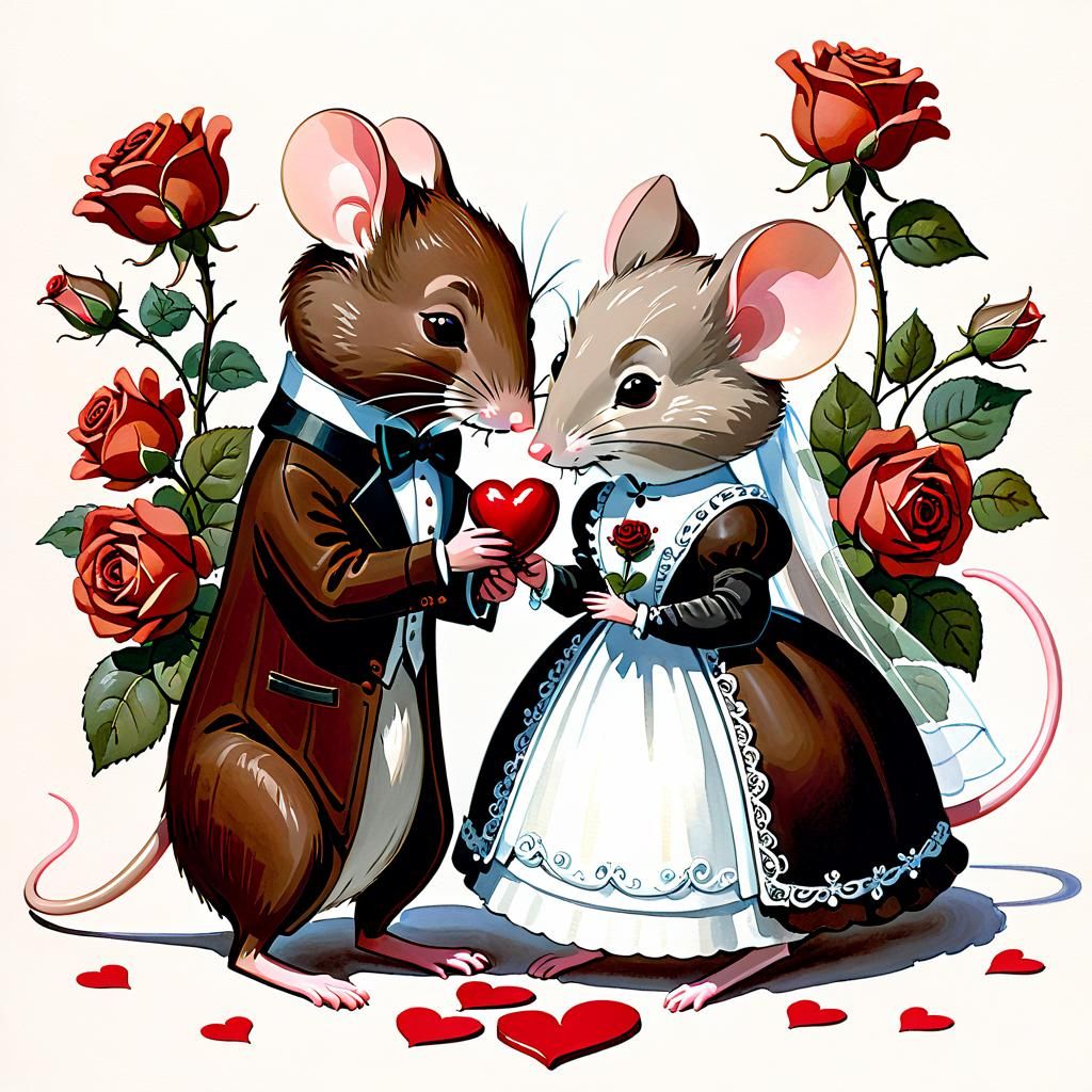 Mice Wedding on Valentine's Day in Watercolor Style