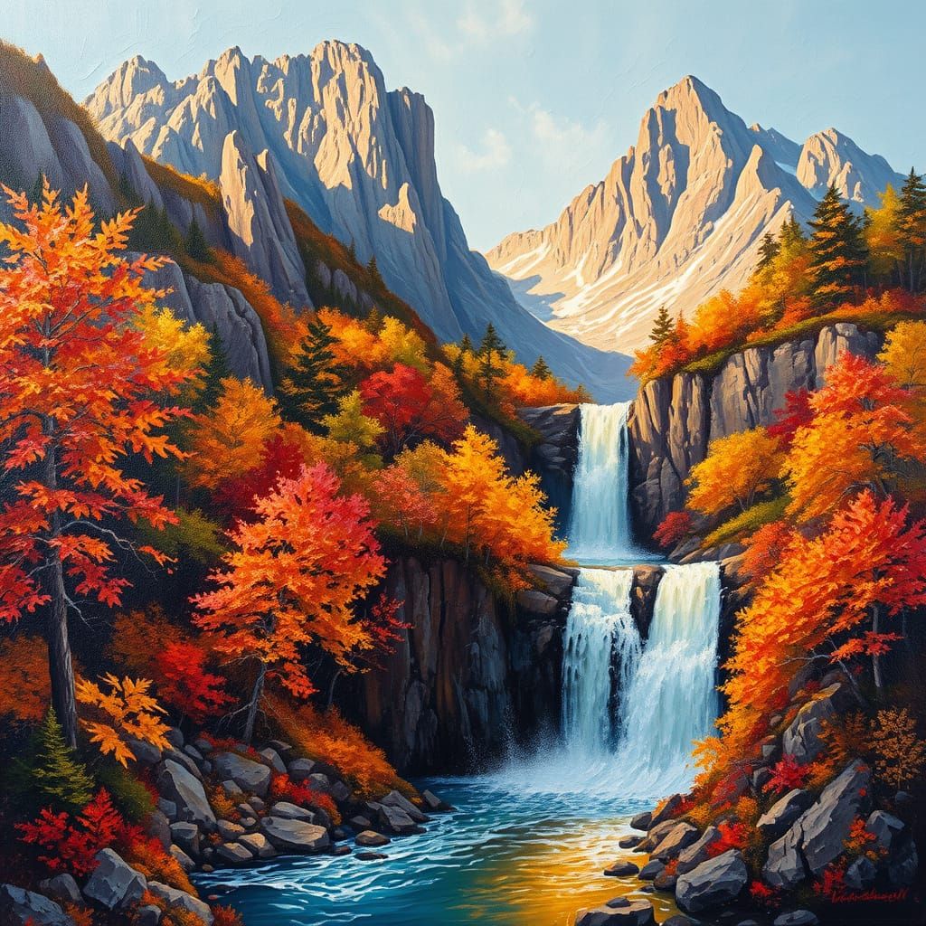 Autumn Waterfall in Neo-Impressionist Style