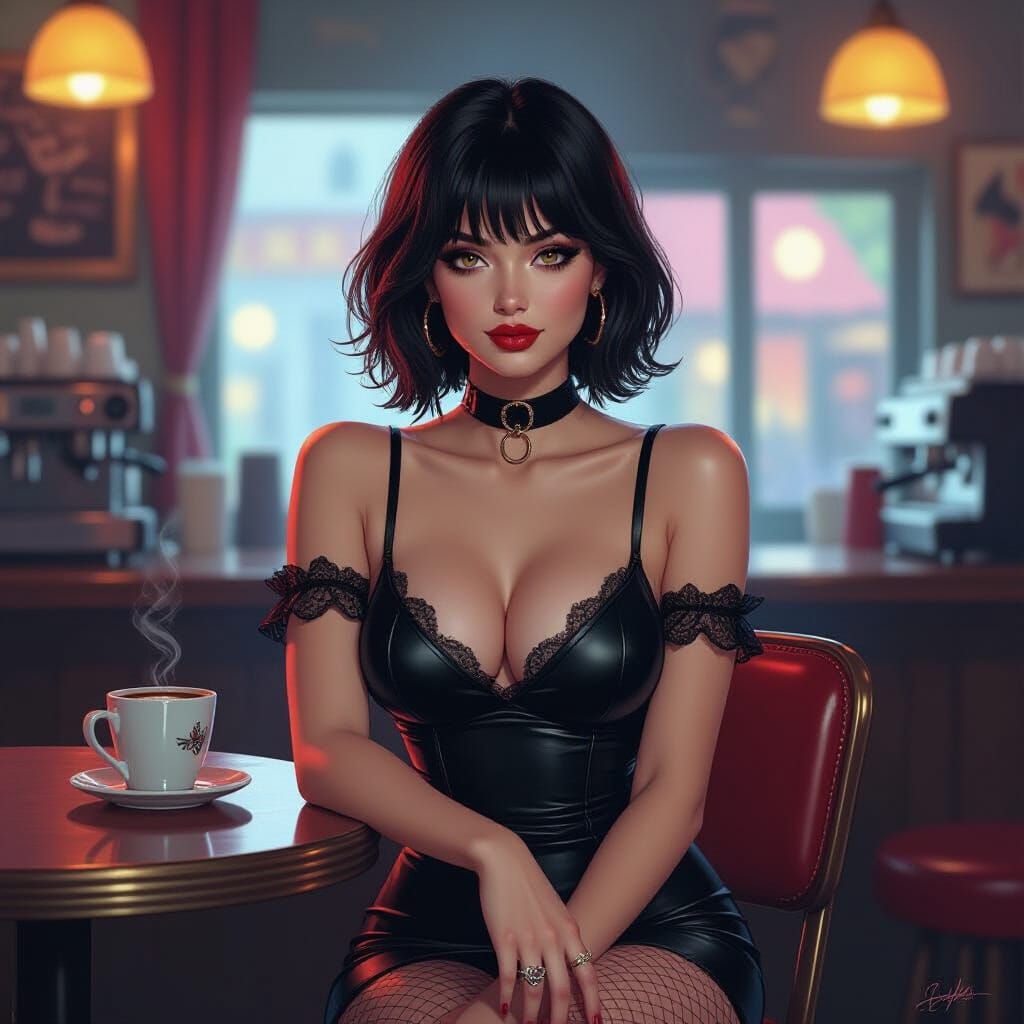 Emo Model in Retro Coffee Shop, Digital Art