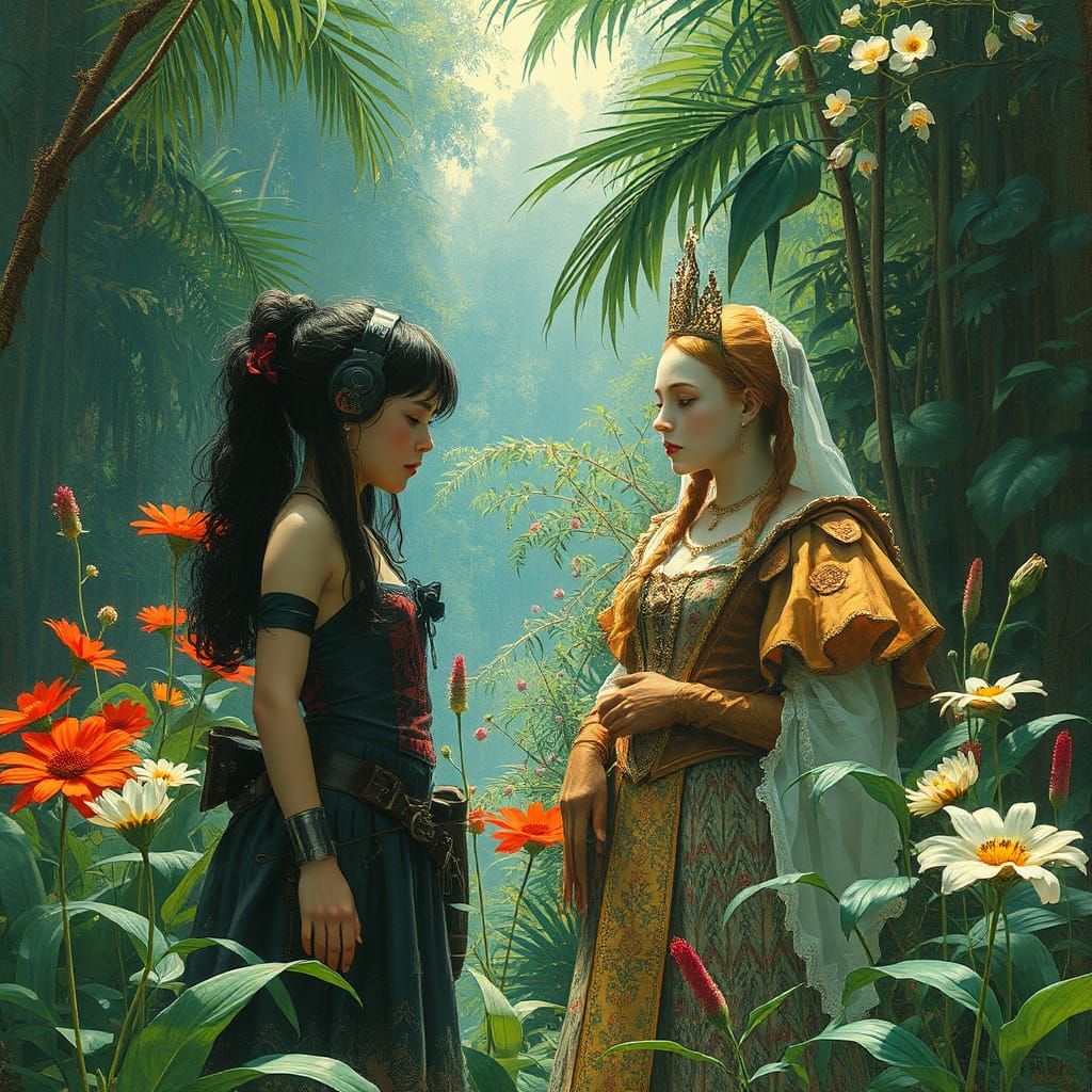 Cyberpunk Queen in Exotic Jungle Oasis