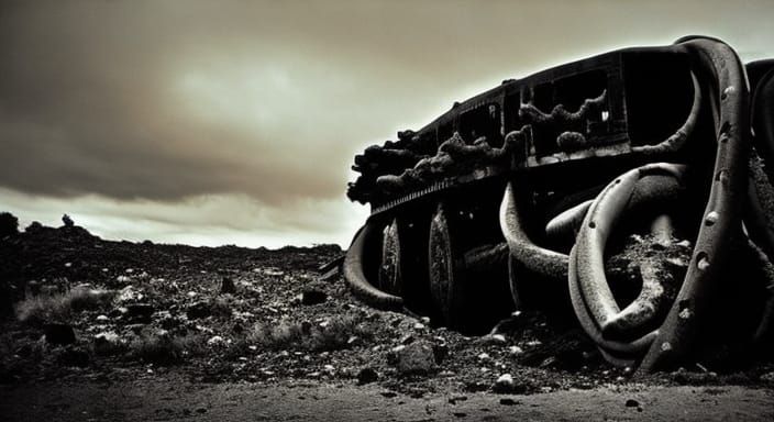 unexploded bomb rocket rusty decaying broken wreck crashed derelict :: greebles :: H.R. Giger :: teeth :: vines :: tenta...