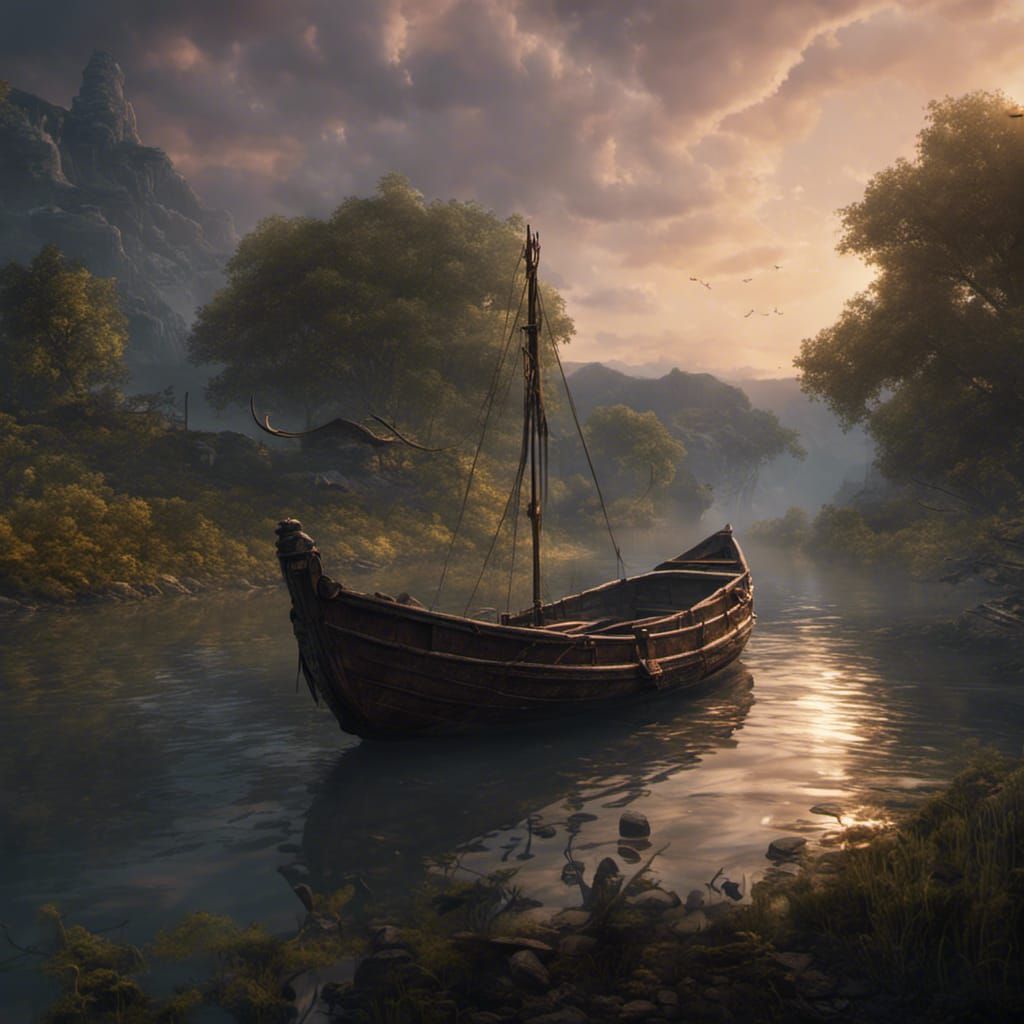 River Boat at Dusk: Detailed Matte Painting
