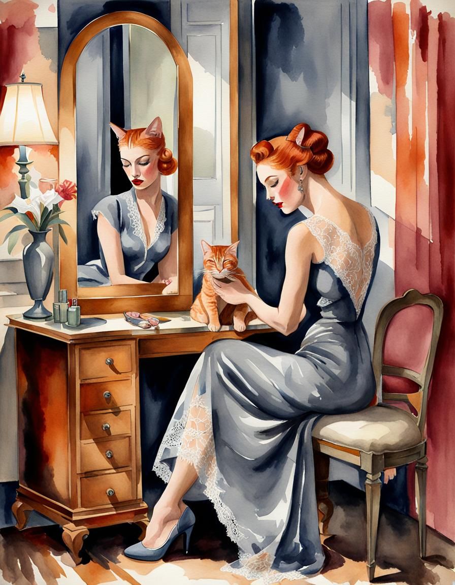 Elegant Pin-up Varga girl sitting with 1 ginger cat, in fron...