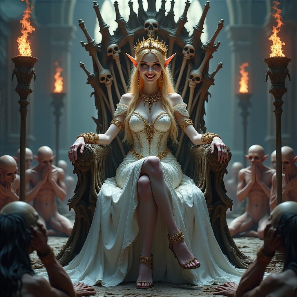 Elf Sorceress on Bone Throne in Dark Fantasy