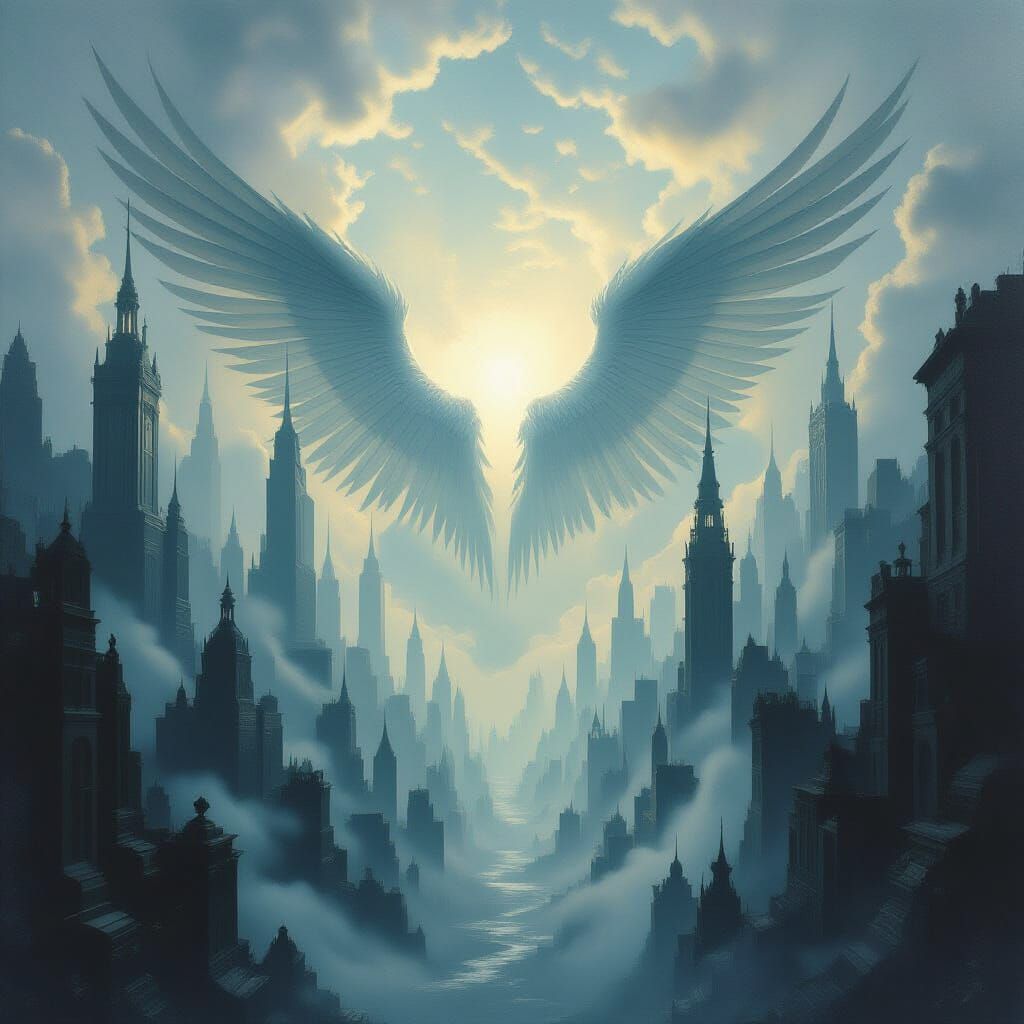 Ethereal City of Angels with Broken Wings