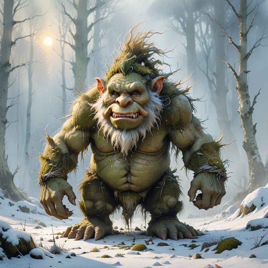 Moss-Covered Troll in Winter Fog, Watercolor Style