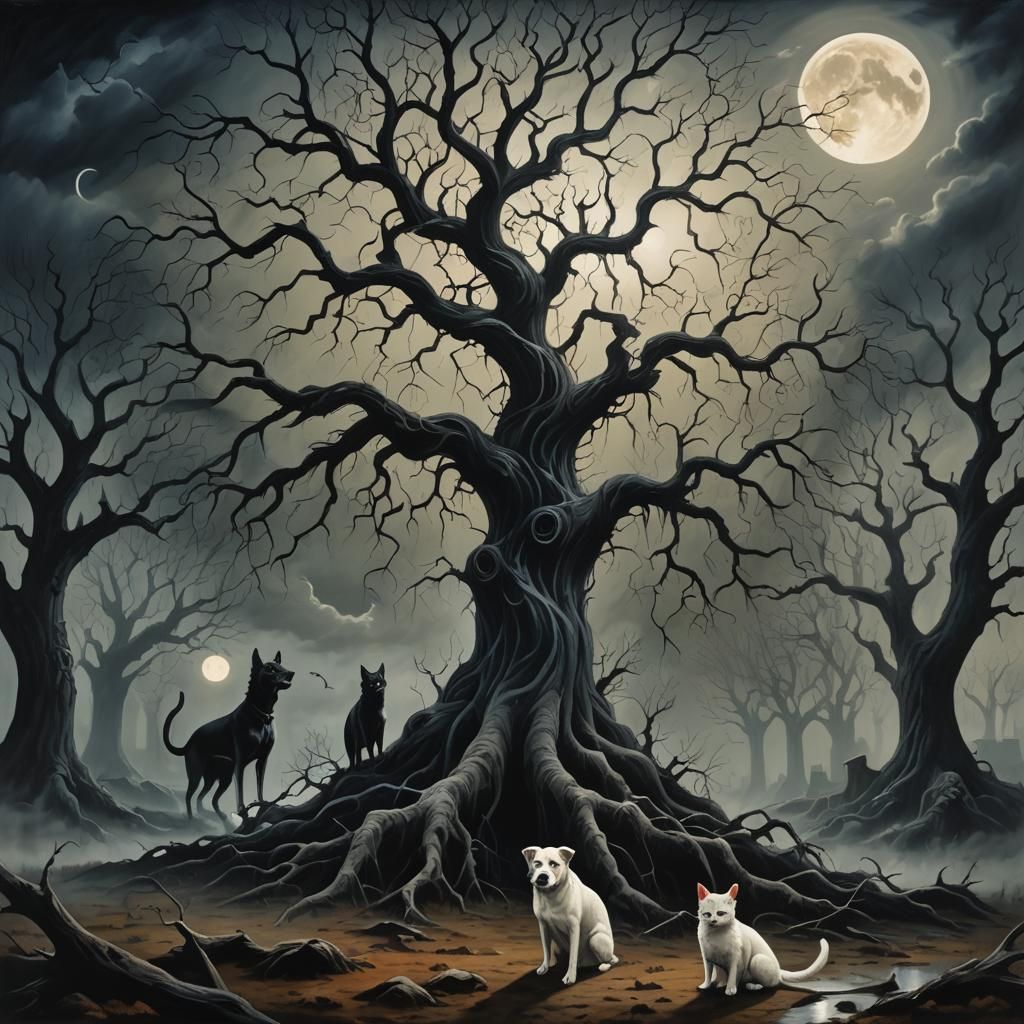 Eerie Dog and Cat Landscape in Dark Surrealism