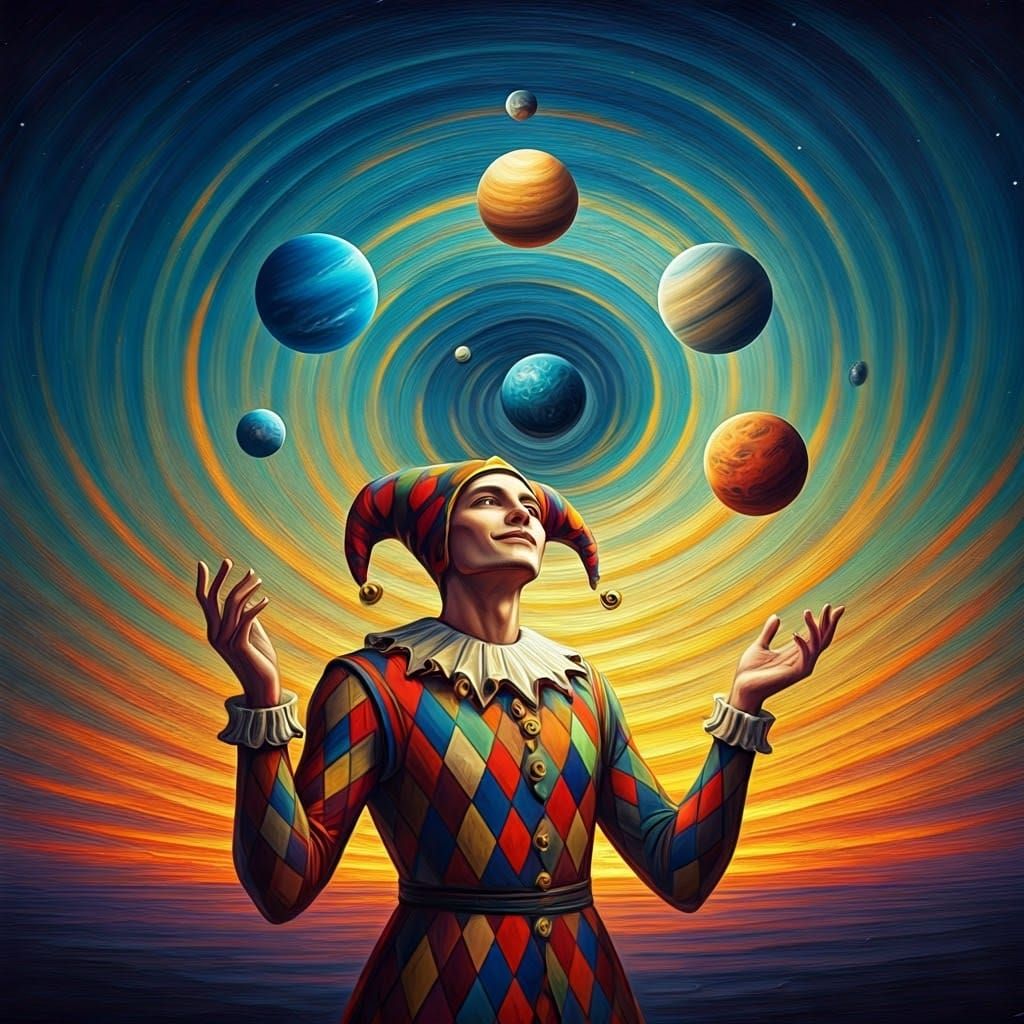 Vibrant Jester Juggles Celestial Bodies in Neo-Impressionist...