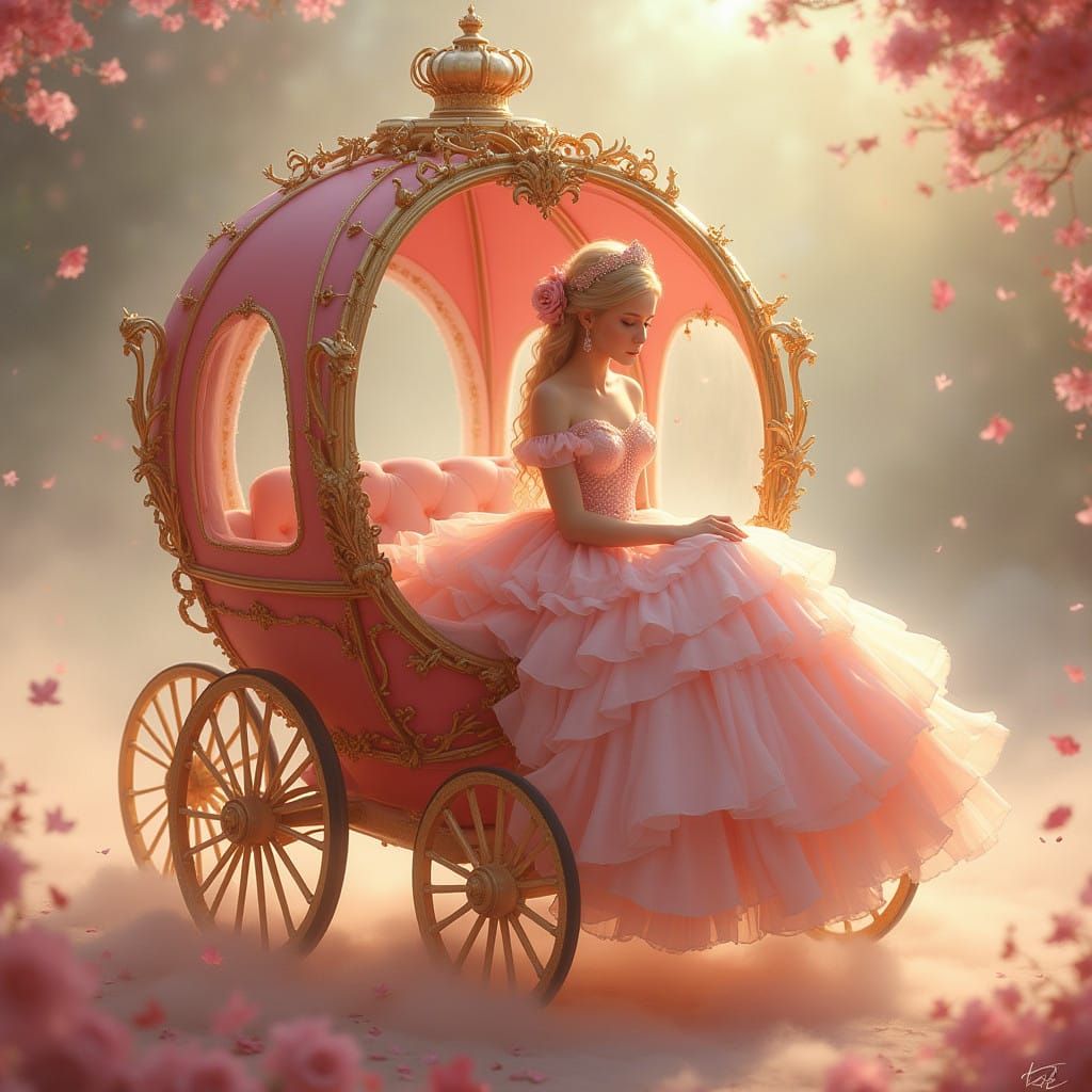 Fairy Tale Princess in Whimsical Rose-Hued Carriage Scene
