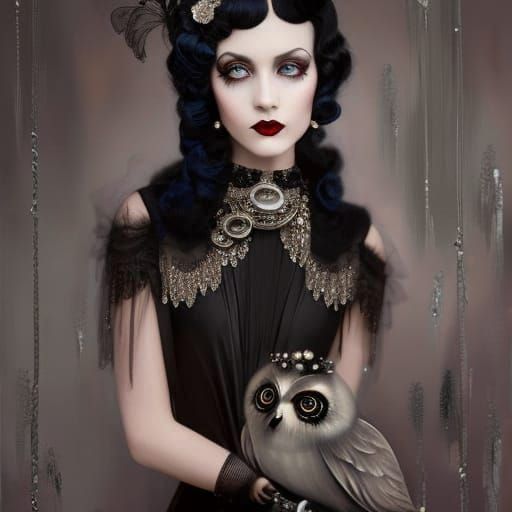 Girl with Owl in Silver Rococo Style