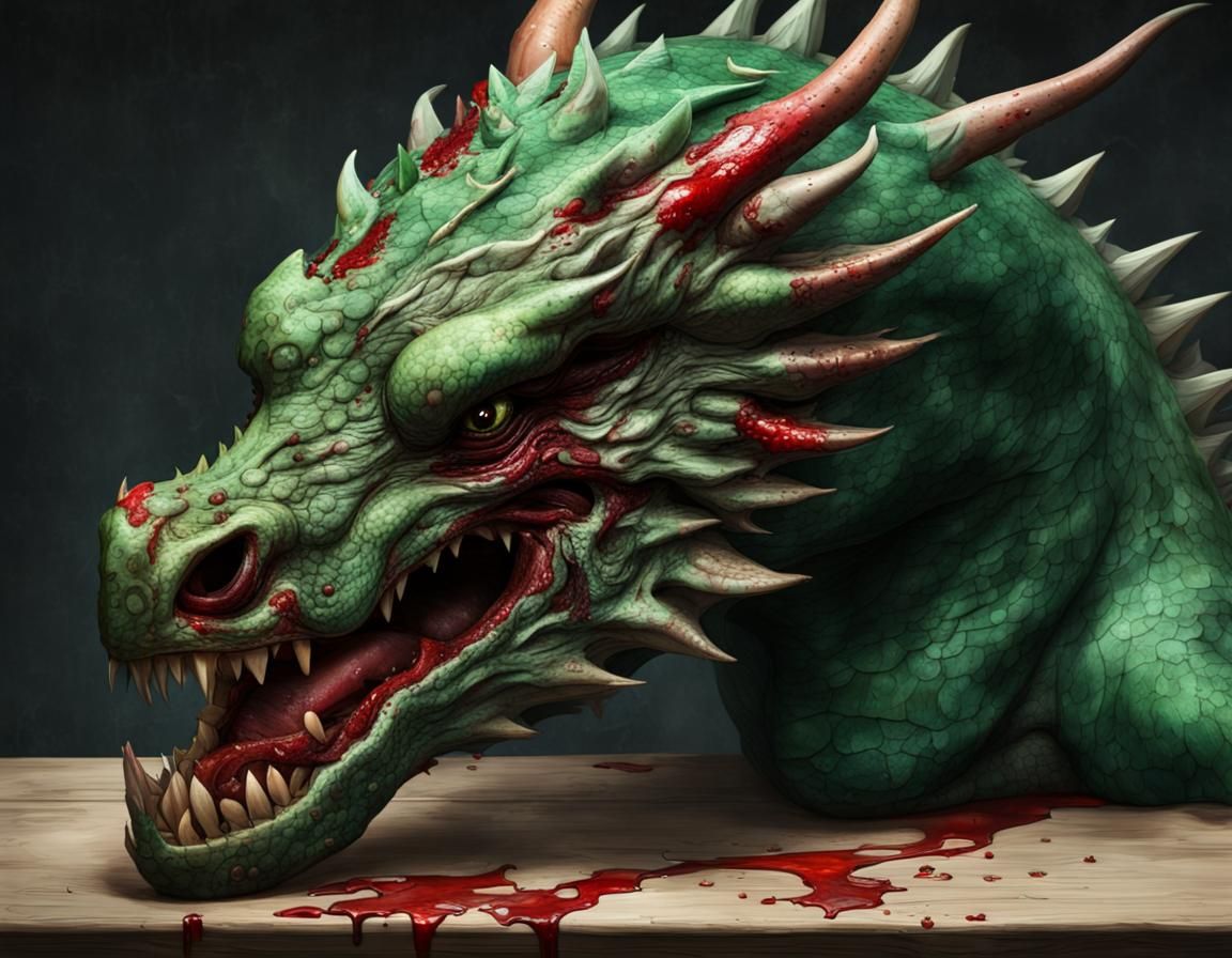 Severed Dragon Head on Table: A Grotesque Scene