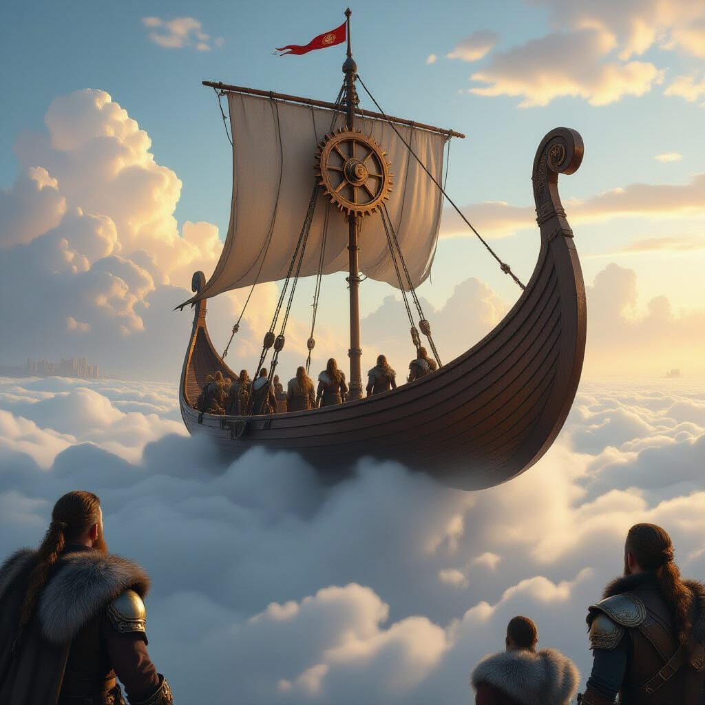 Steampunk Viking Longship Soaring Above Metropolis