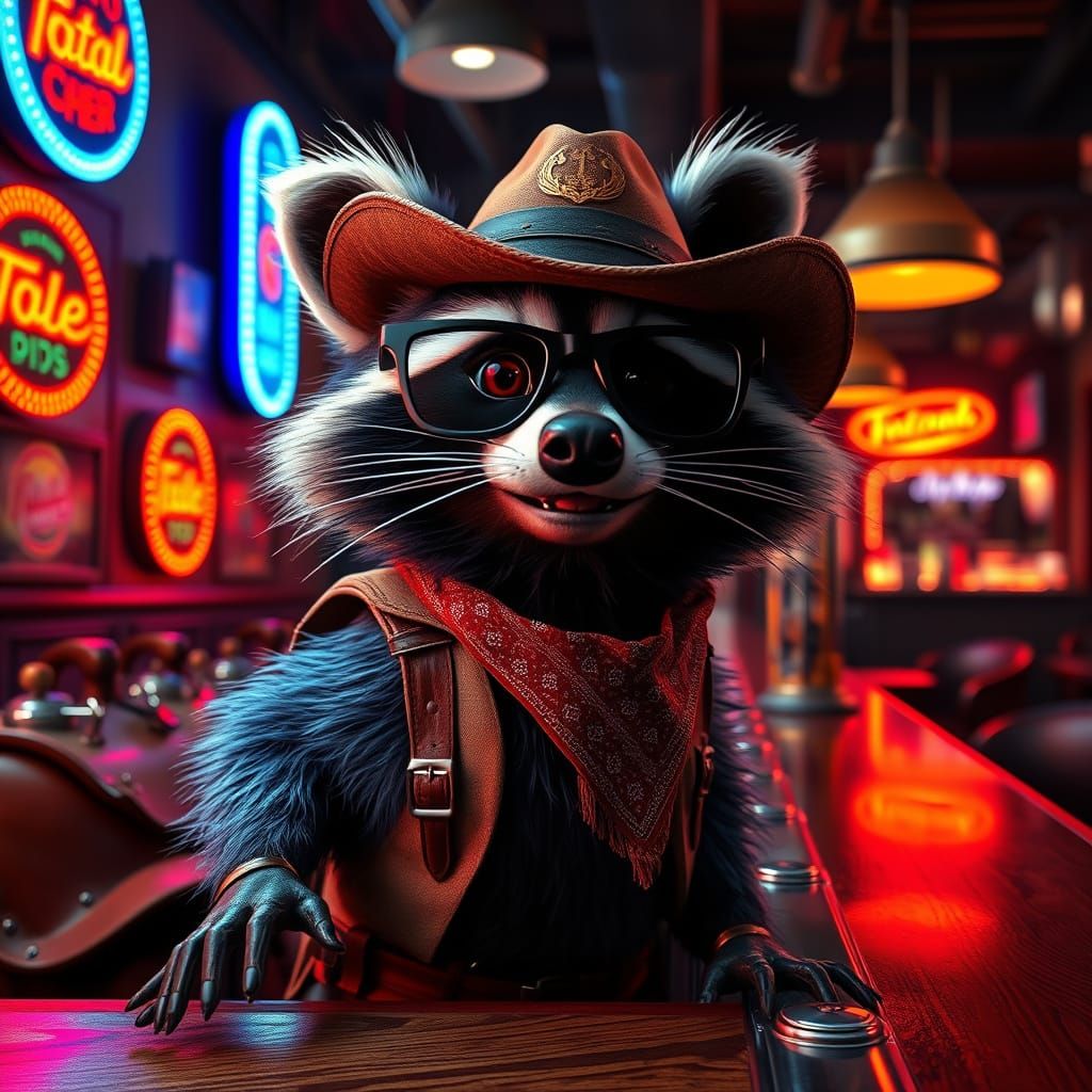 A blue red raccoon is a cowboy at a Cafe.