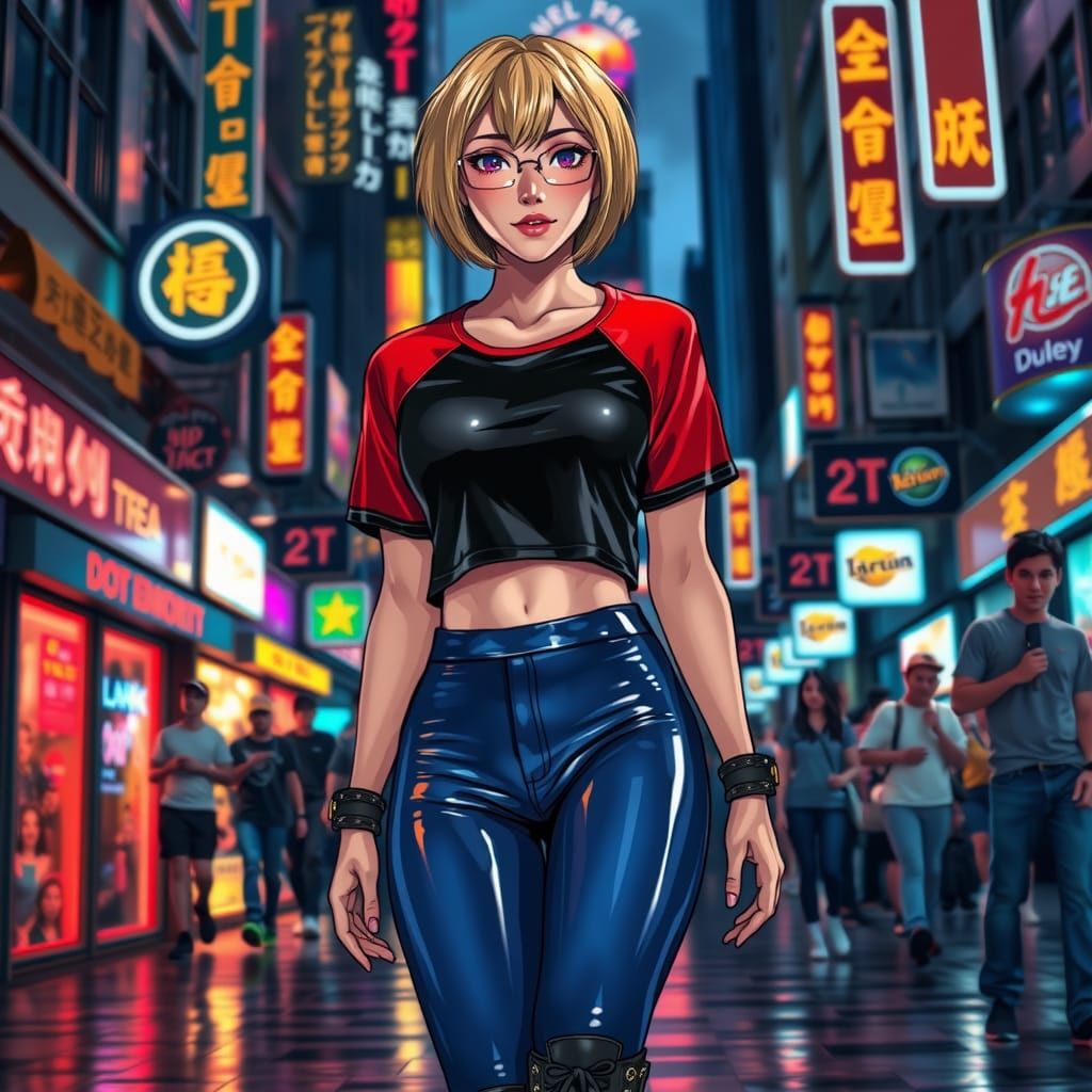 Anime Woman in Latex Outfit on City Street