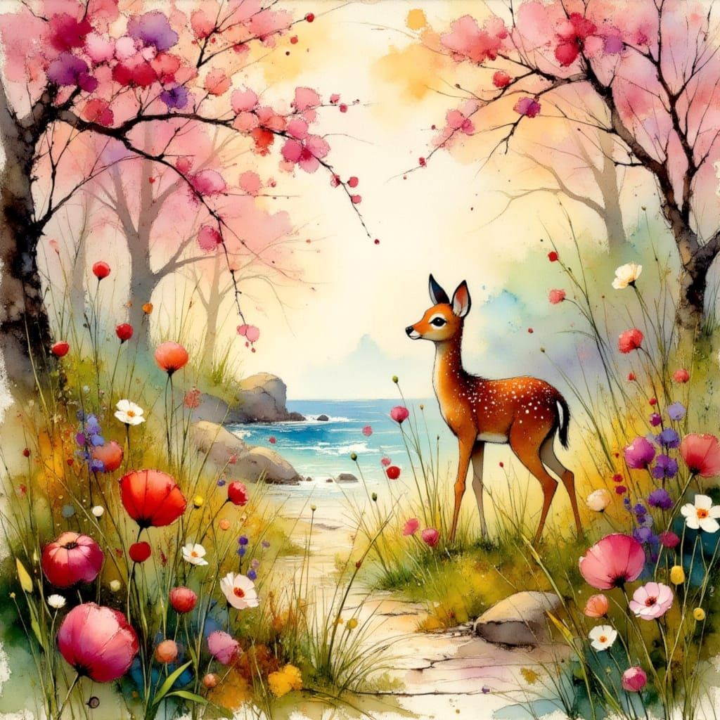 A Serene Baby Fawn in a Vibrant Apple Orchard