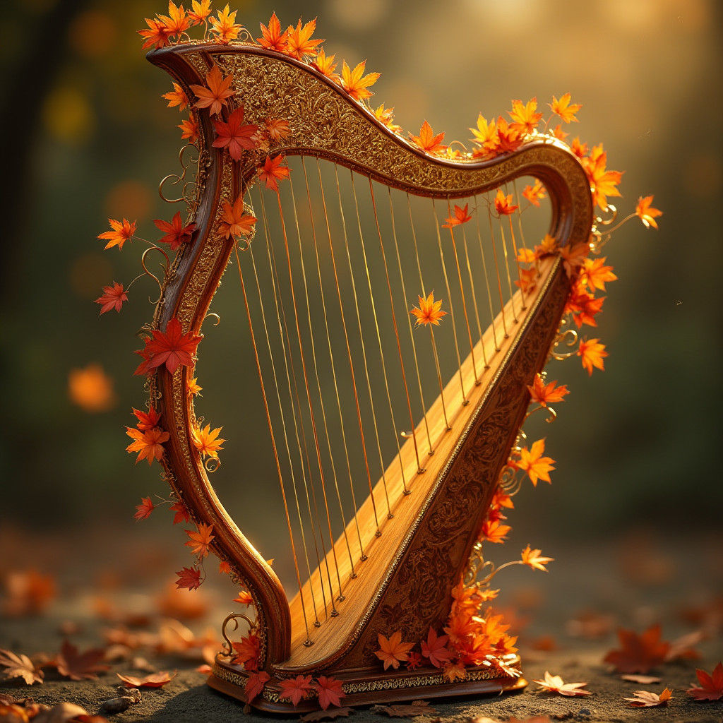 Ornate Fae-Harp Woven with Gold and Autumn Leaves