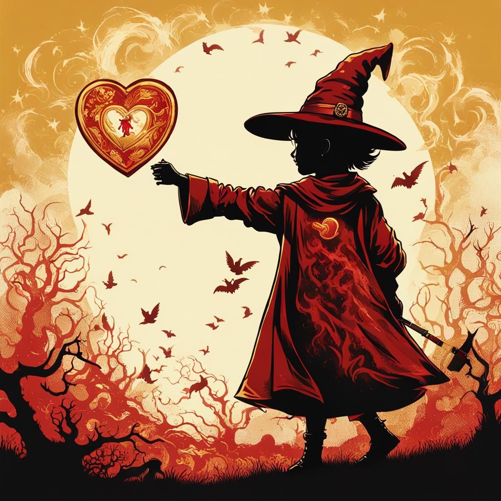 Young Wizard Silhouette Offering Heart in Victory