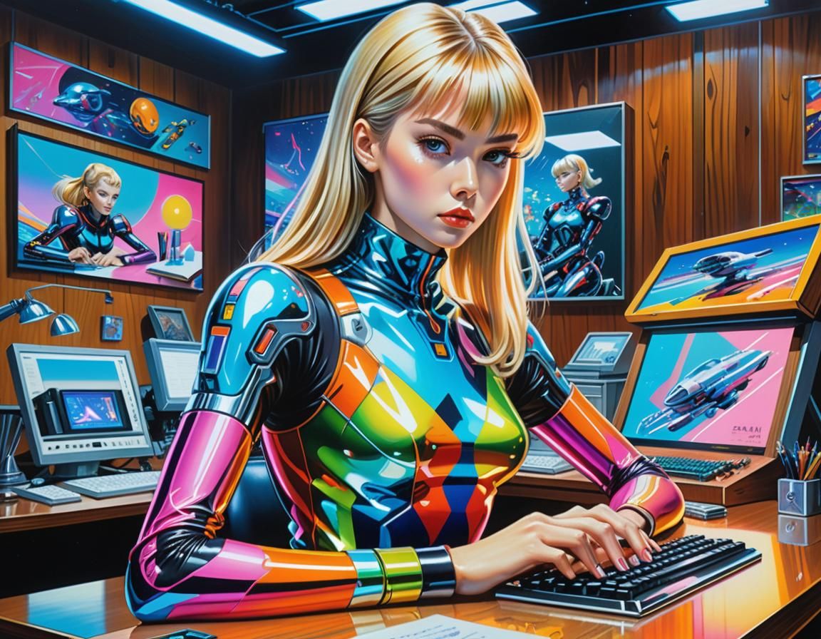 Android Secretary in Sorayama Style Oil Painting