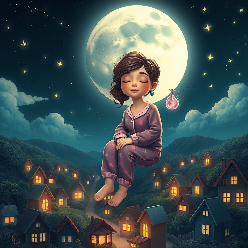 Dreamy Moon Lady Watching Sleeping Town