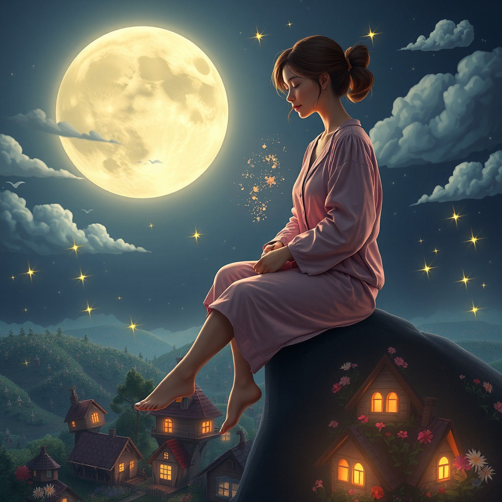 Dreamy Moon Lady Overlooking Sleeping Town