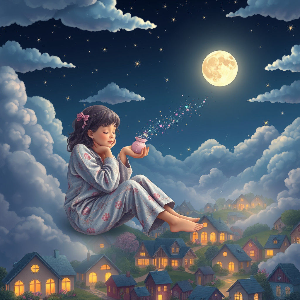 Dreamy Moon Lady Above Sleeping Town, Digital Art