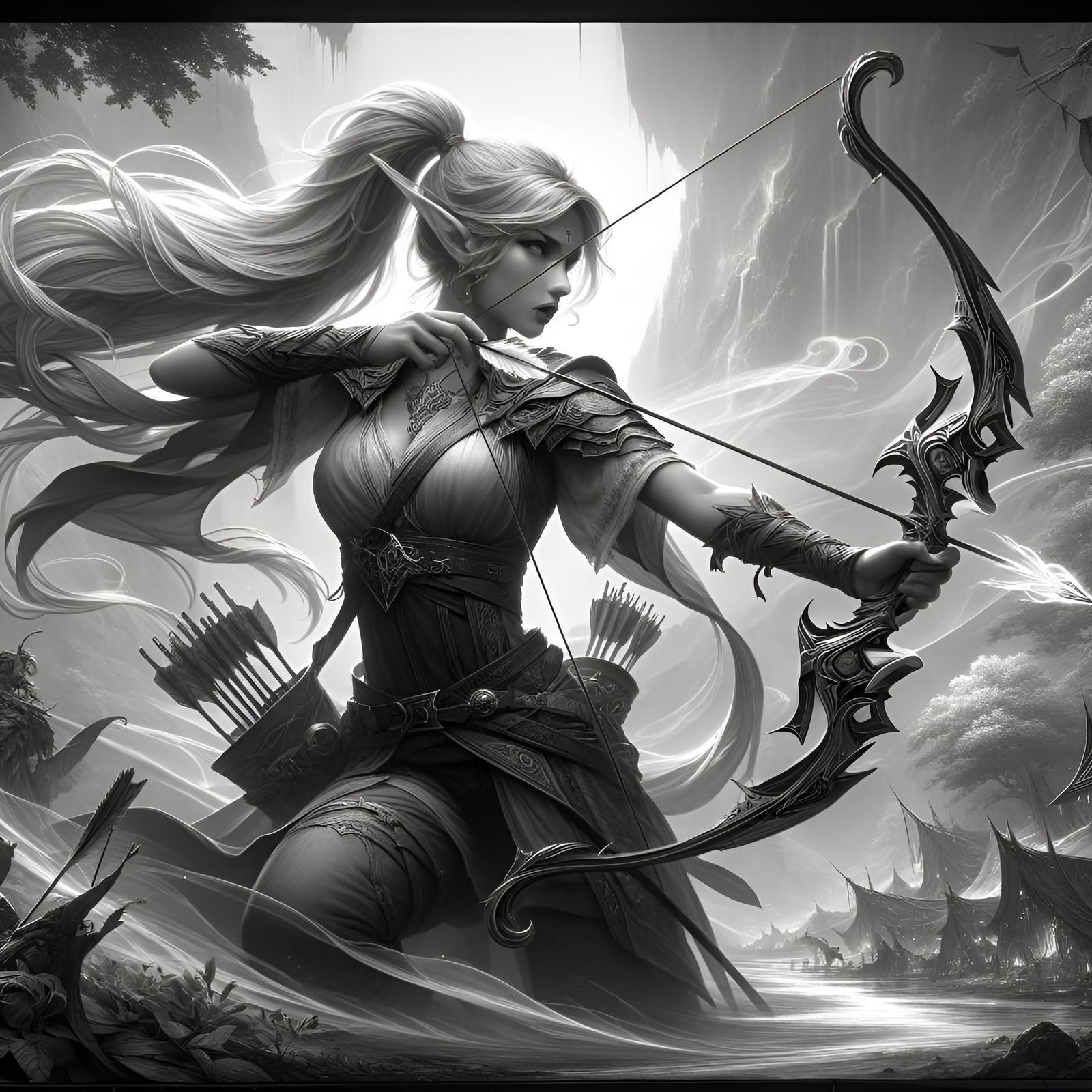 High Elf Archer with Sacred Bow in Grayscale