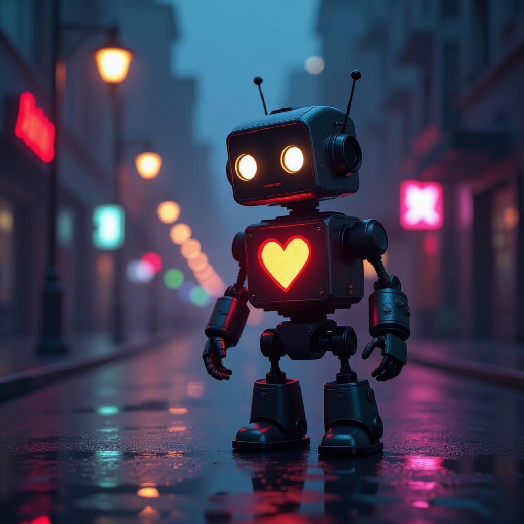 Vintage Robot Searches Neon Cityscape in Digital Matte Paint...