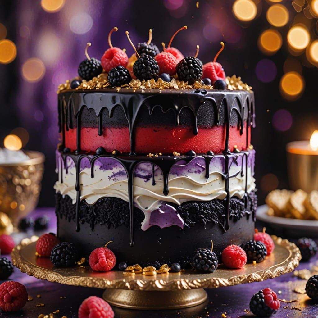 Impressionistic Cake Art in Red, Black, and Purple