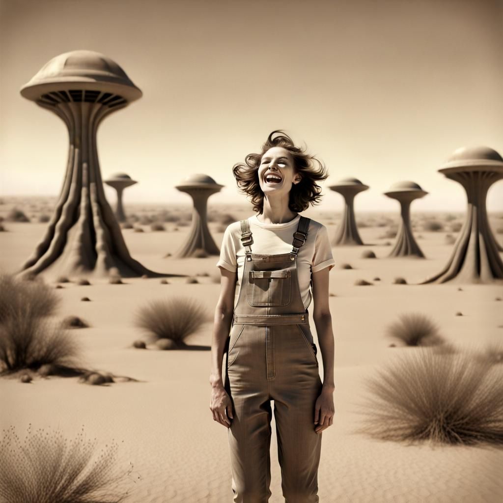 Vintage Photo of Woman with Aliens in Desert