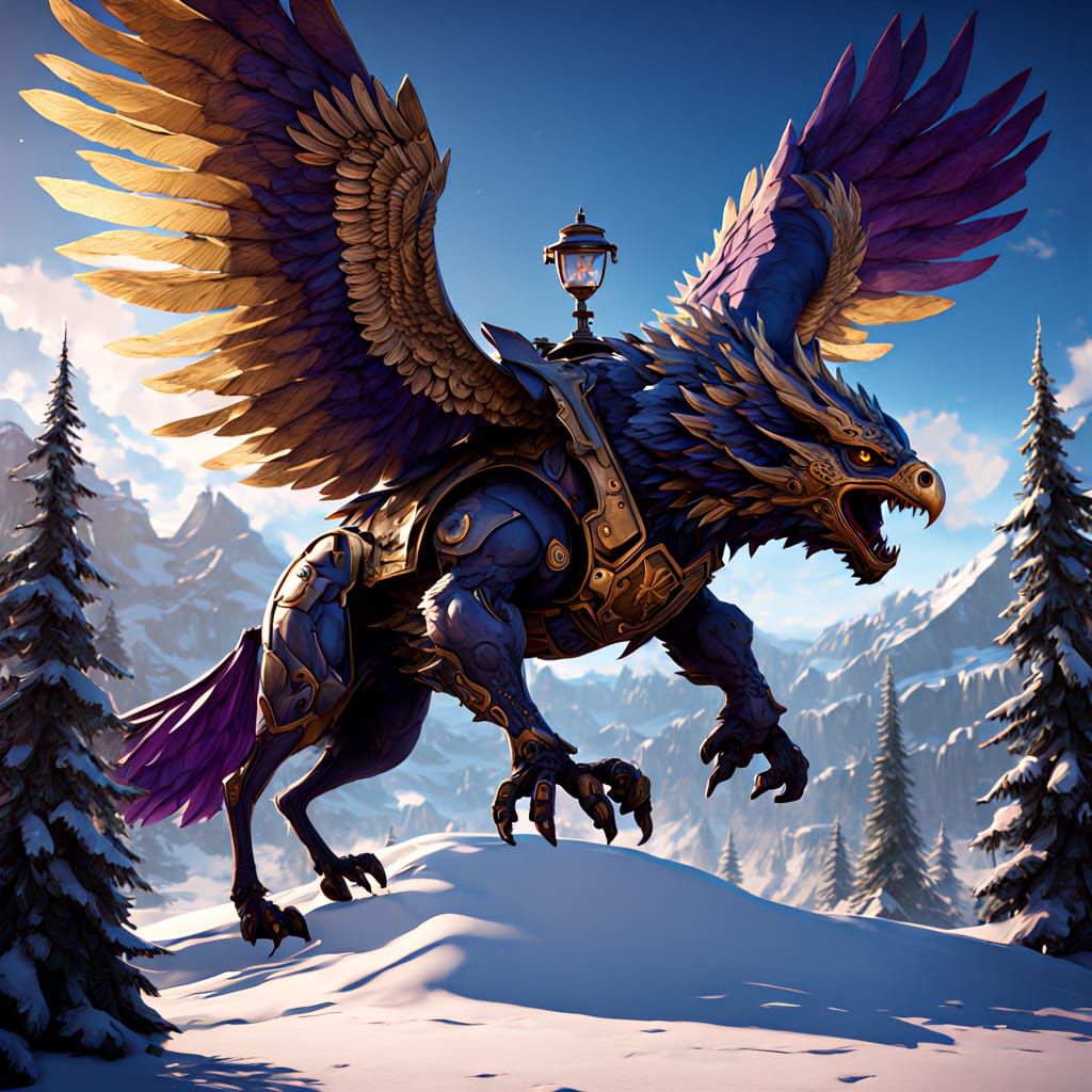 Steampunk Griffin Soars Above Snowy Forest in Hyperrealistic...