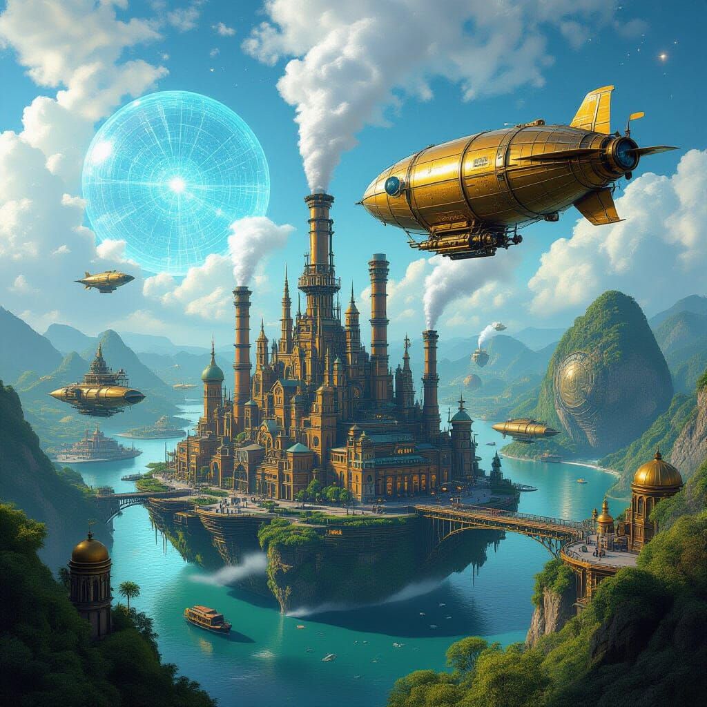 Steampunk City on Asteroid in Retro-Futuristic Style