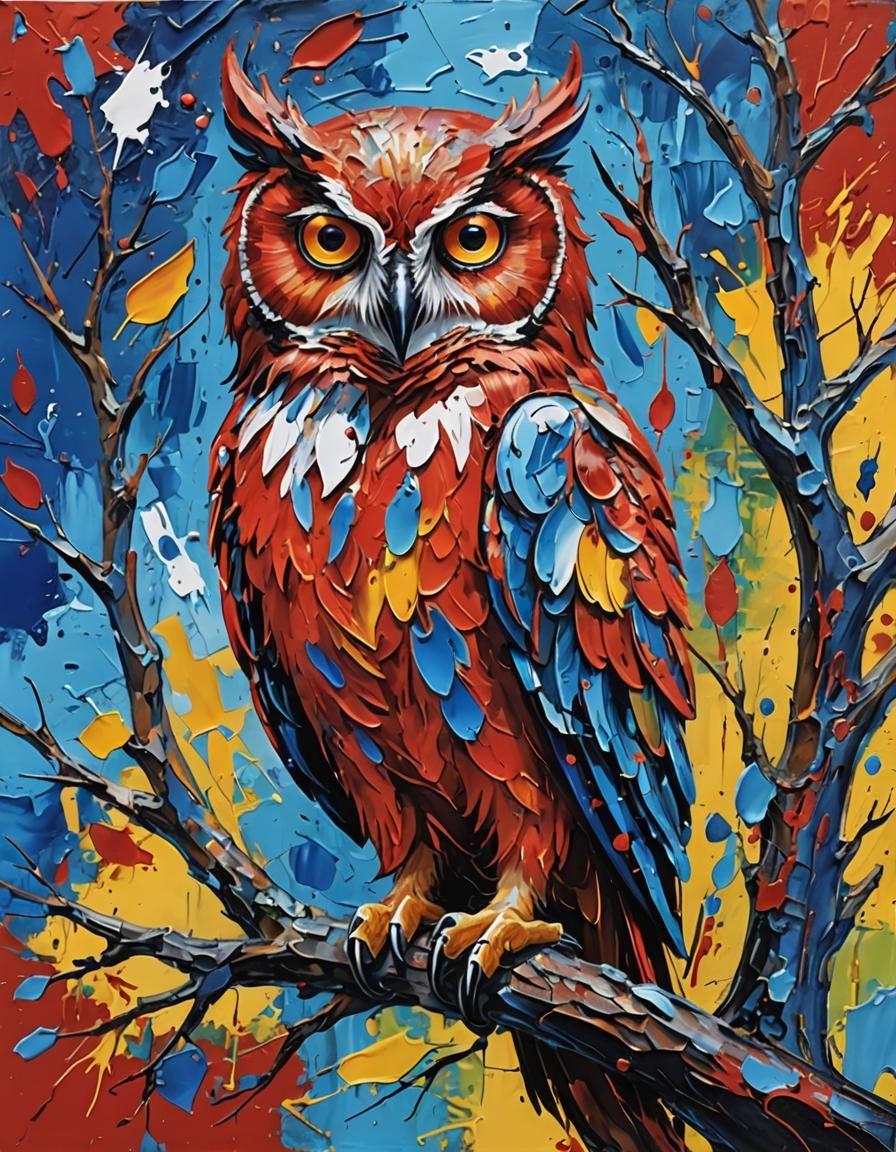 Red Owl in Abstract Expressionist Impasto Painting
