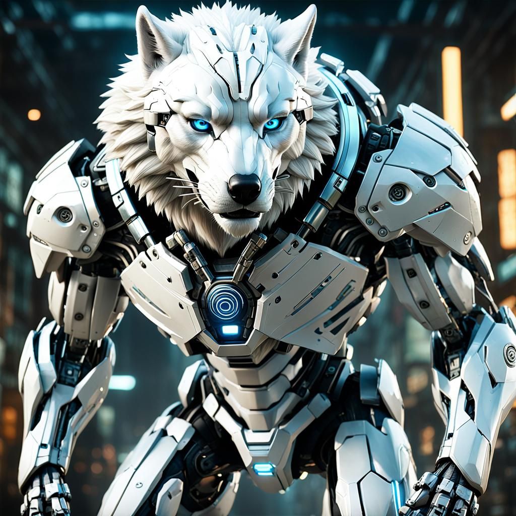 Cybernetic White Wolf in Thunderstorm: Hyperdetailed Portrai...