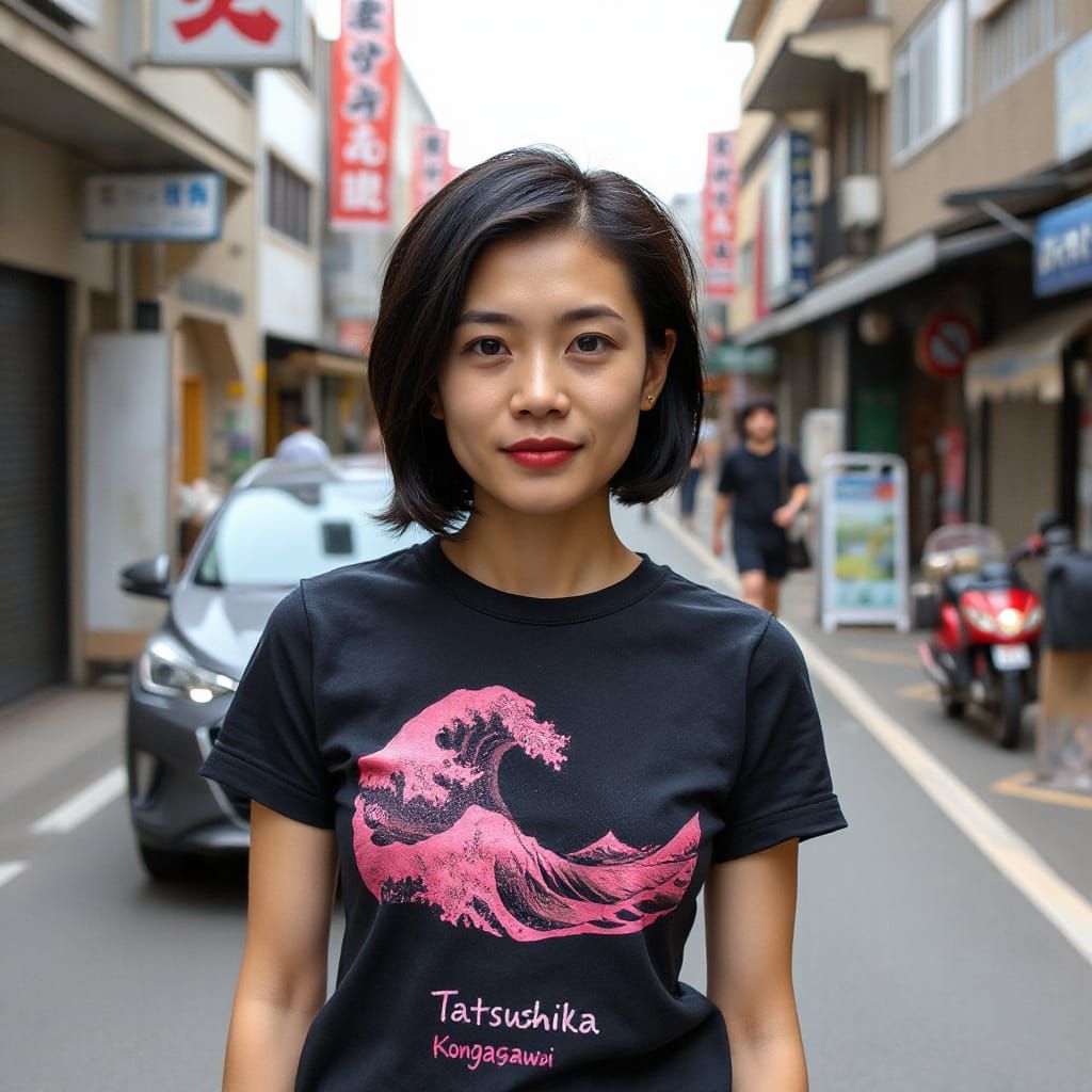 Woman with Hokusai Wave T-Shirt in Street Scene