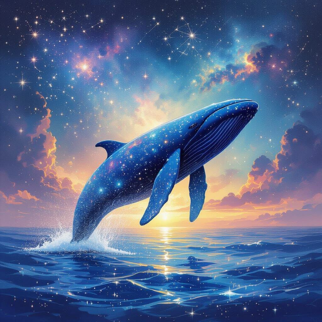 Bioluminescent Whale Breaching in Alien Nebula Sky