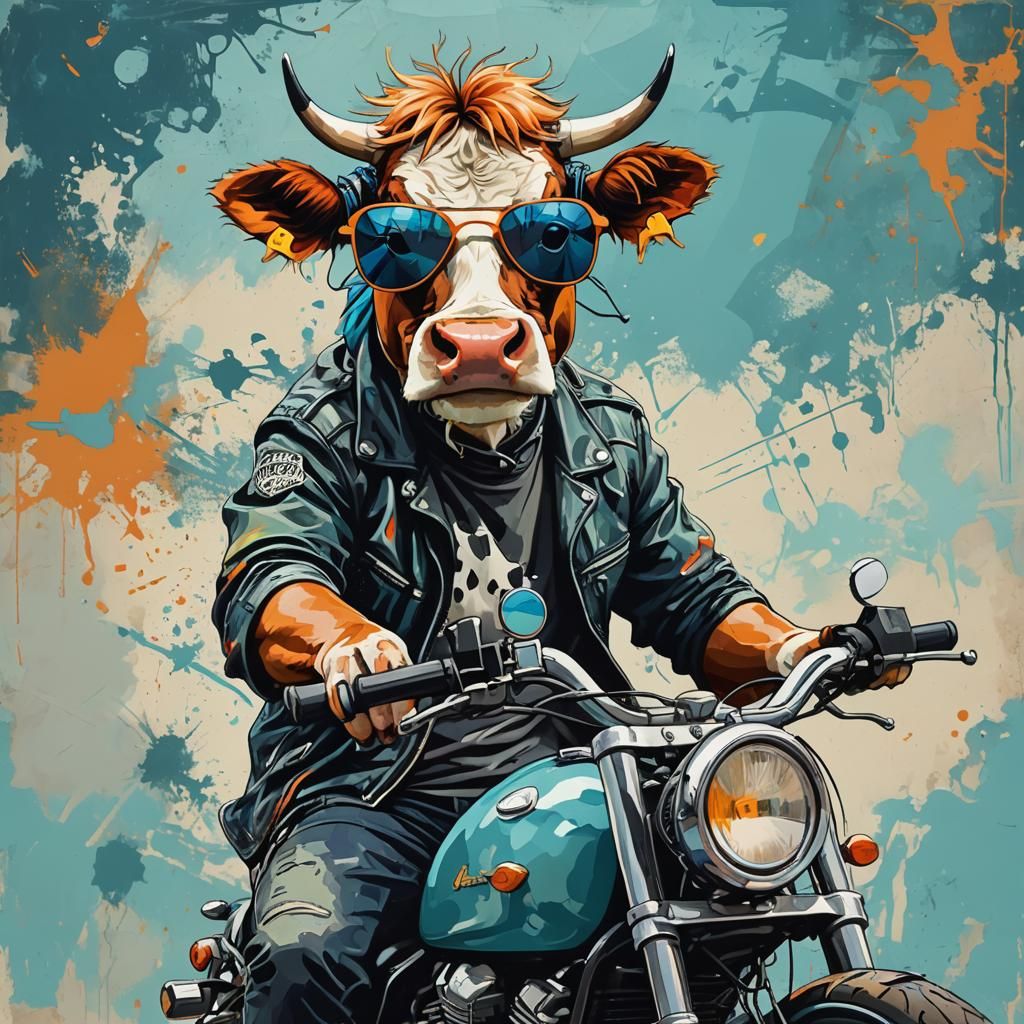 Cow on Motorcycle in Abstract Art Style