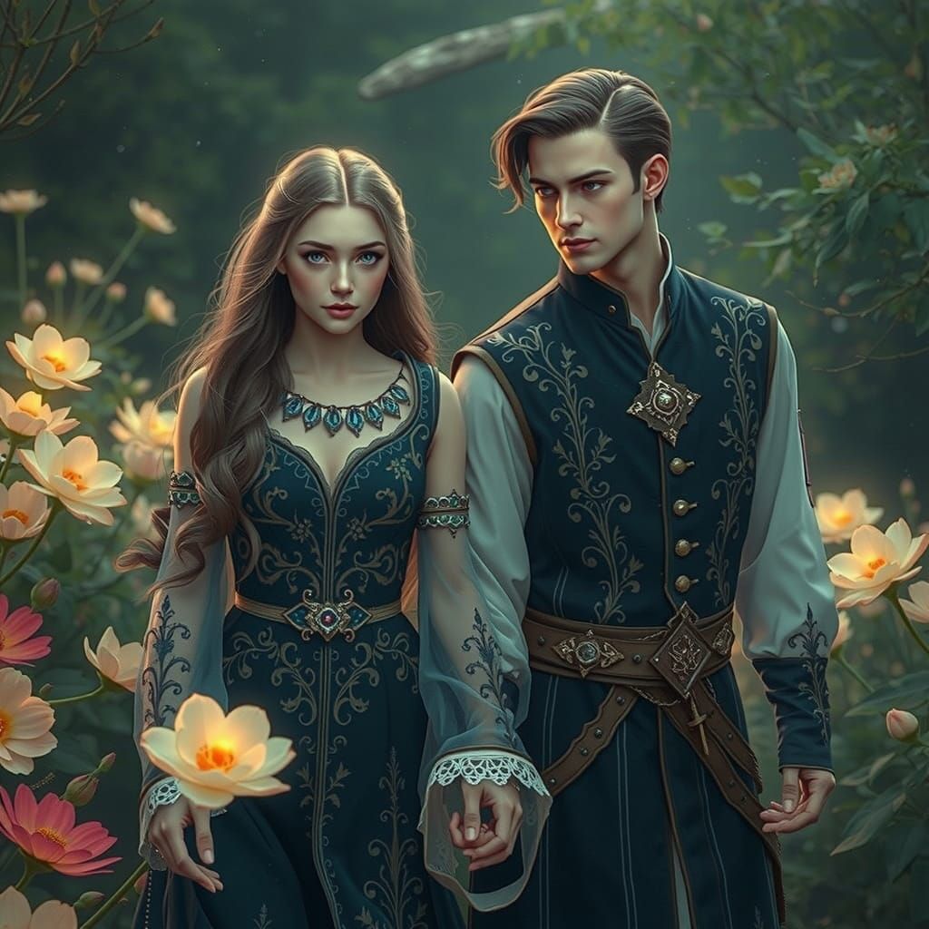 Enchanted Garden Scene with Medieval Couple