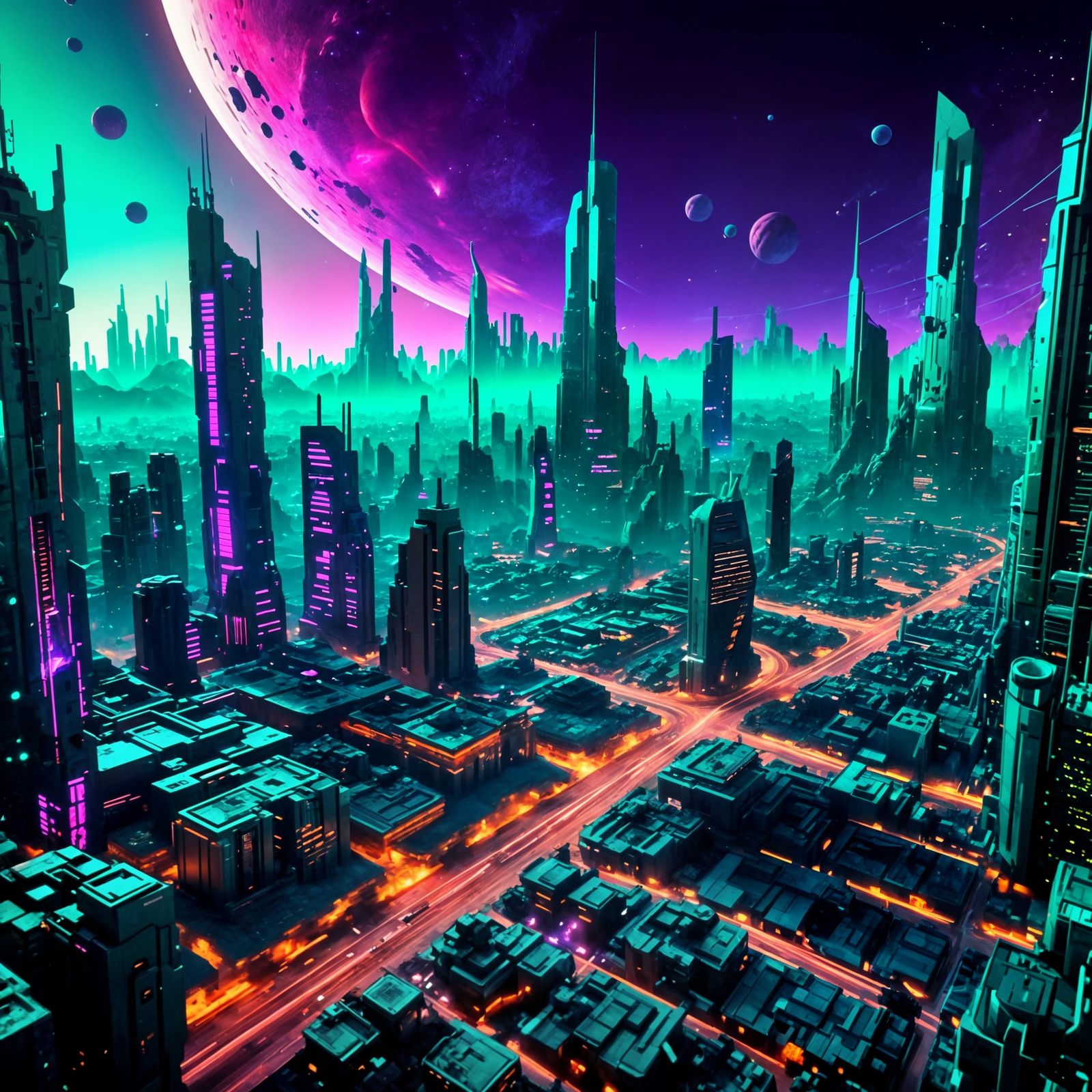 Epic Cyberpunk Cityscape in Cosmic Purple and Turquoise