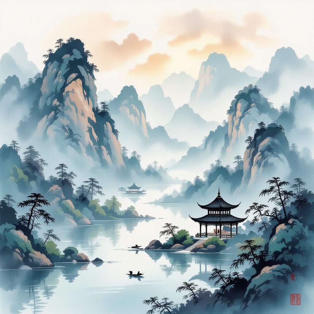 Serene Chinese Watercolor Landscape Painting