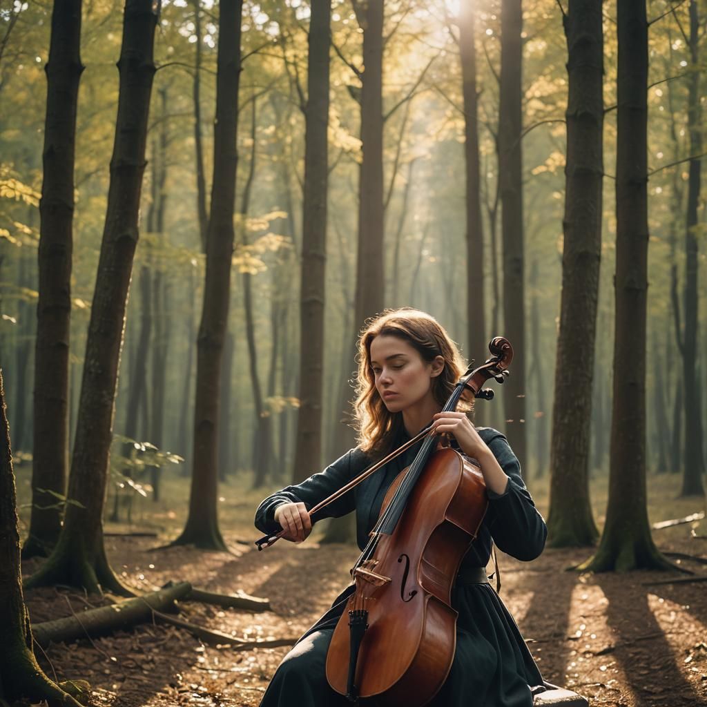 Girl Plays Cello in Misty Forest, Cinematic Style