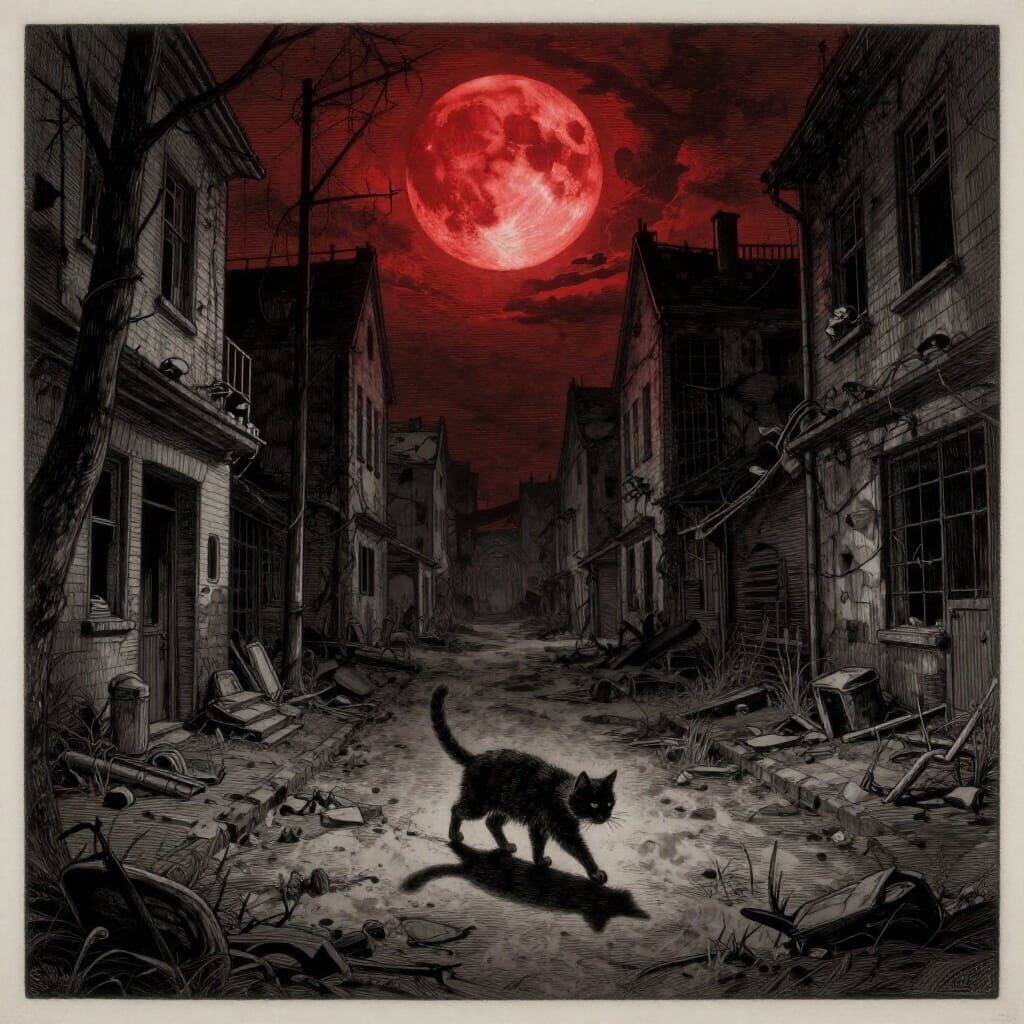 Lone Cat in Abandoned City Under Blood Moon