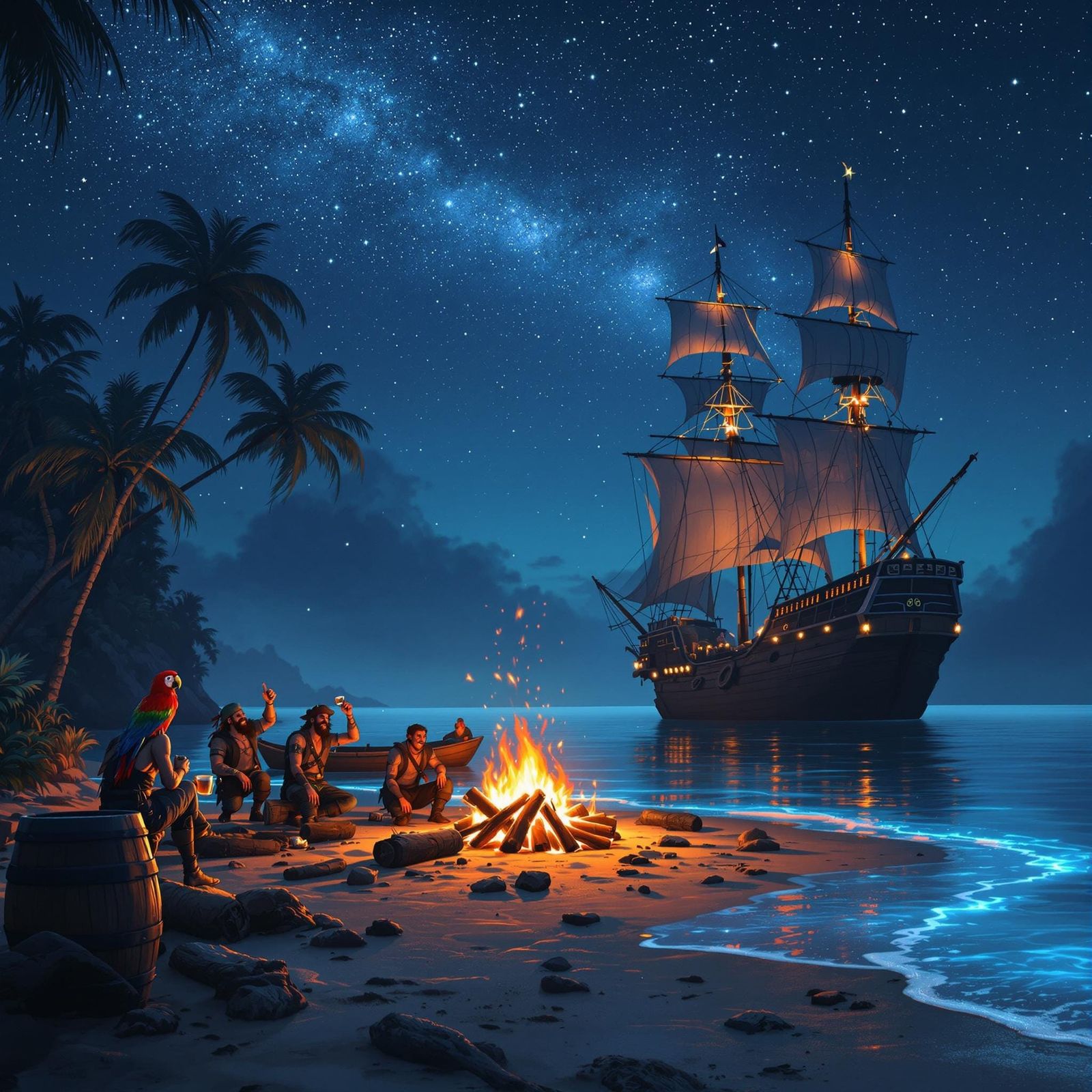 Caribbean Pirates Celebrate on Secluded Beach at Night